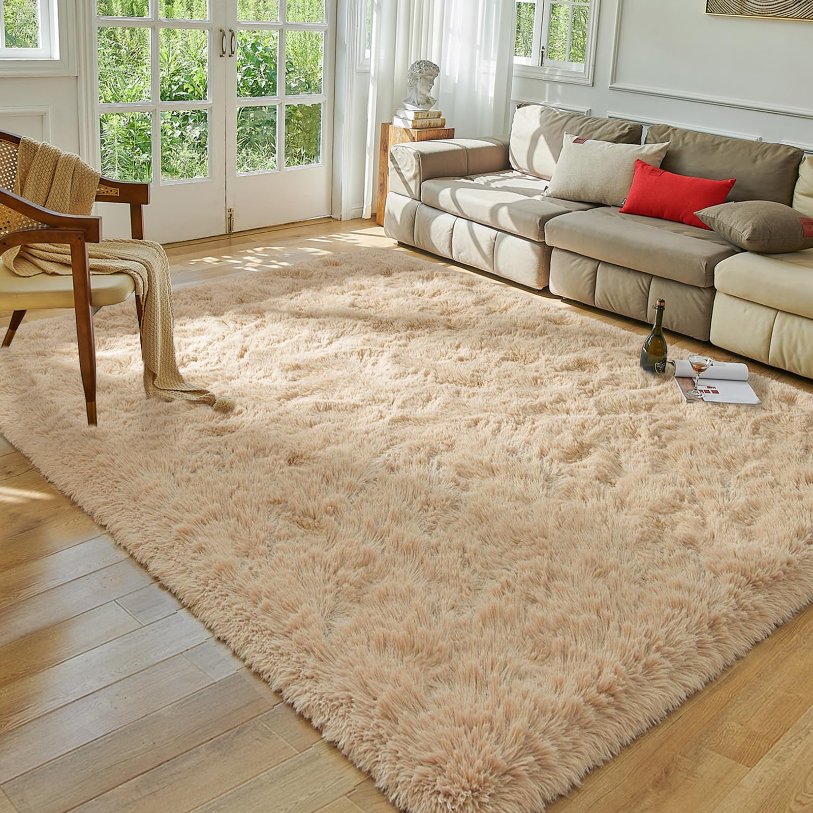 Softlife Beige Area Rug for Living Room, Fluffy Shag Plush 5.3x7.6 Rugs for Bedroom Girls, Shaggy Soft Fuzzy Kids Large Carpet for Dorm Bedside Ultra