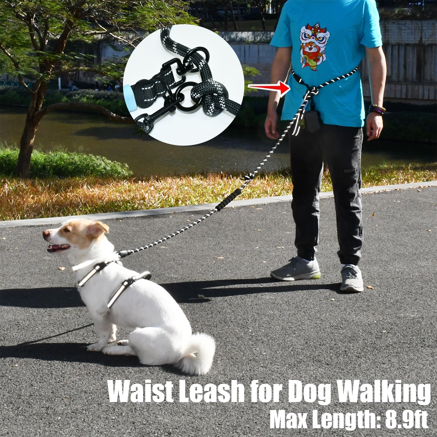 Two Point Control & Hands Free Dog Leash, Waist & Crossbody Leash with Car Seat Belt Clip, Heavy Duty Reflective & Tangle-Free, No Pull Harnesses Compatible for Large Medium Dogs, Black - 5