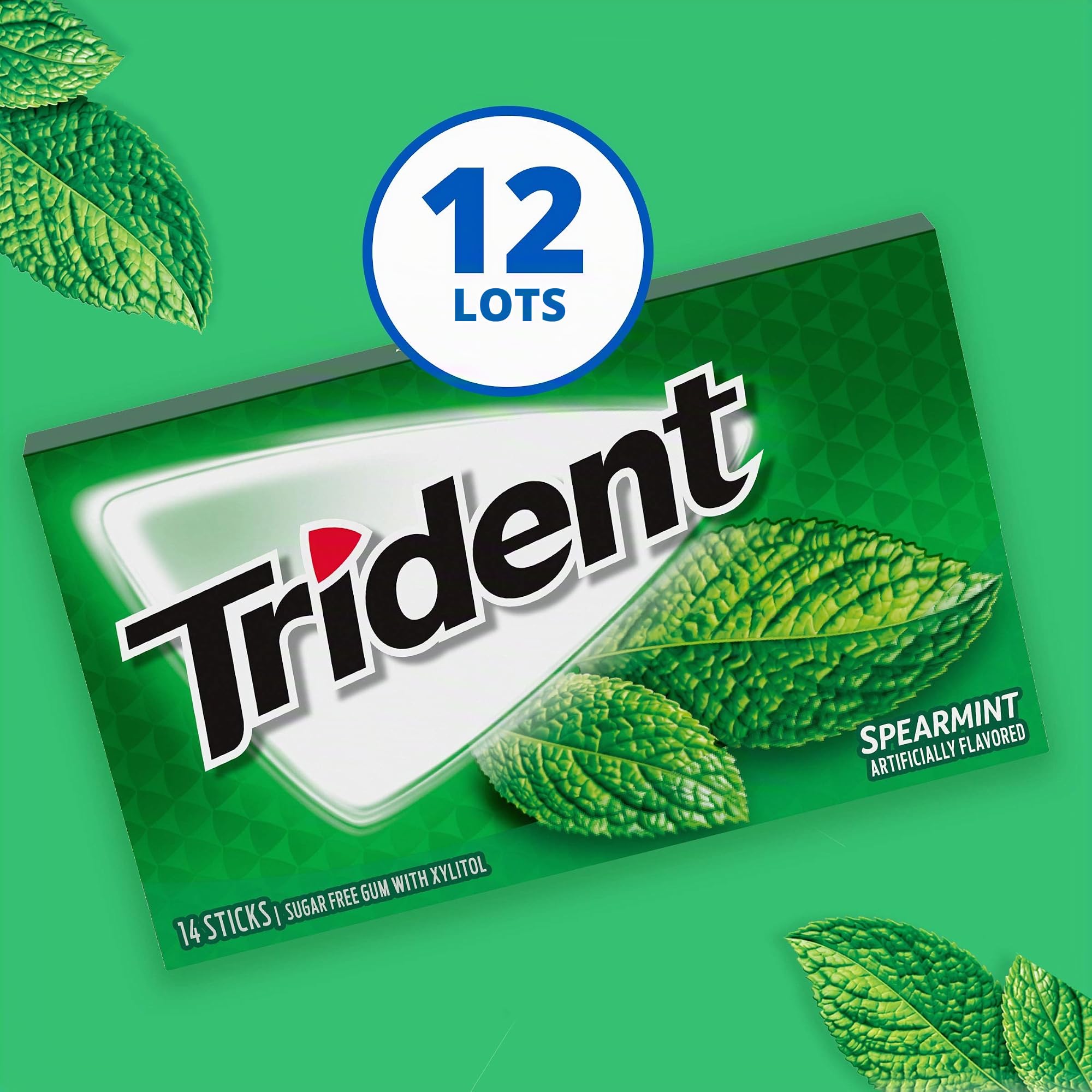 Trident Gomme à mâcher sans sucre à la menthe verte, menthe verte, 12 paquets de 14 (168 au total)