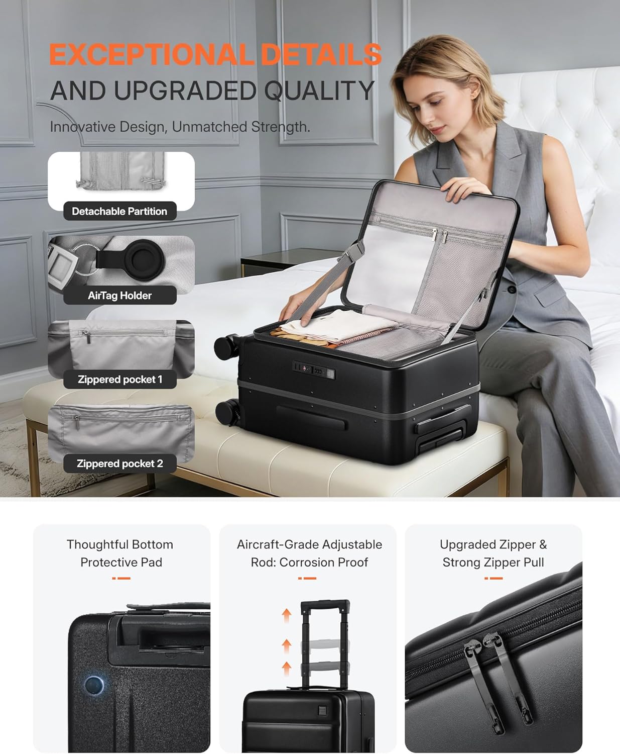 20IN Carry On Luggage,Top Opening Aluminum Frame Hardside 100% PC Airline Approved Suitcase -with TSA Lock,Cup Holder,USB Charge,Side Pothook, 360°Spinner Wheels-Black