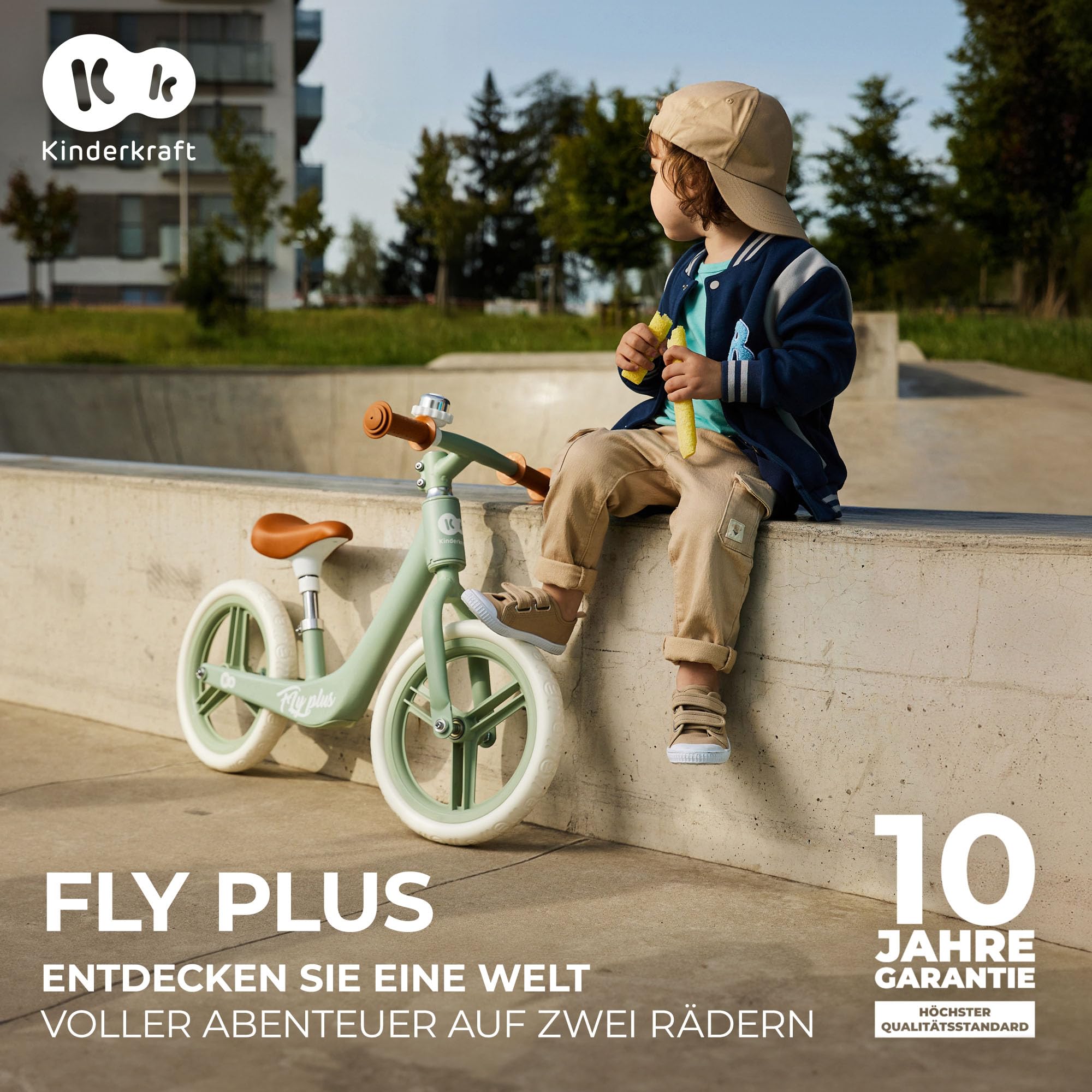 Kinderkraft Laufrad Fly Plus 2, Lernlaufrad, Kinderlaufrad, Fahrrad mit Zubehör, Klingel, höhenverstellbar Sattel, 12 Zoll Räder, Magnesiumrahme, ab 2 Jahre, Retro Design, Grün