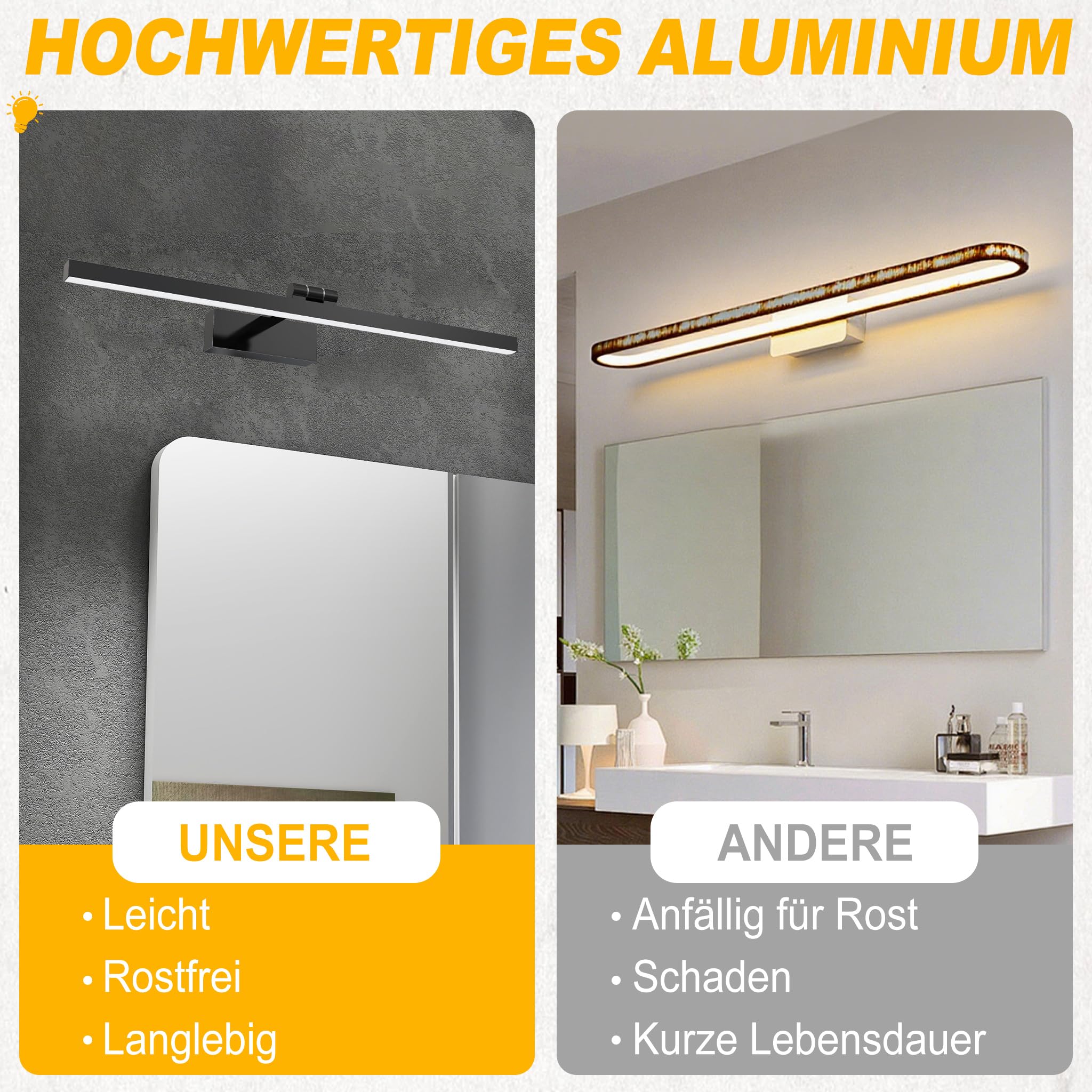 UISEBRT 10W 40cm LED Spiegellampe Badezimmer, Leuchtstoffröhre 180° Verstellbar, Schwarz Badezimmer Lampe Modern IP44 Schrankleuchte für Wandbeleuchtung und Spiegel Beleuchtung, Typ A Kaltweiß