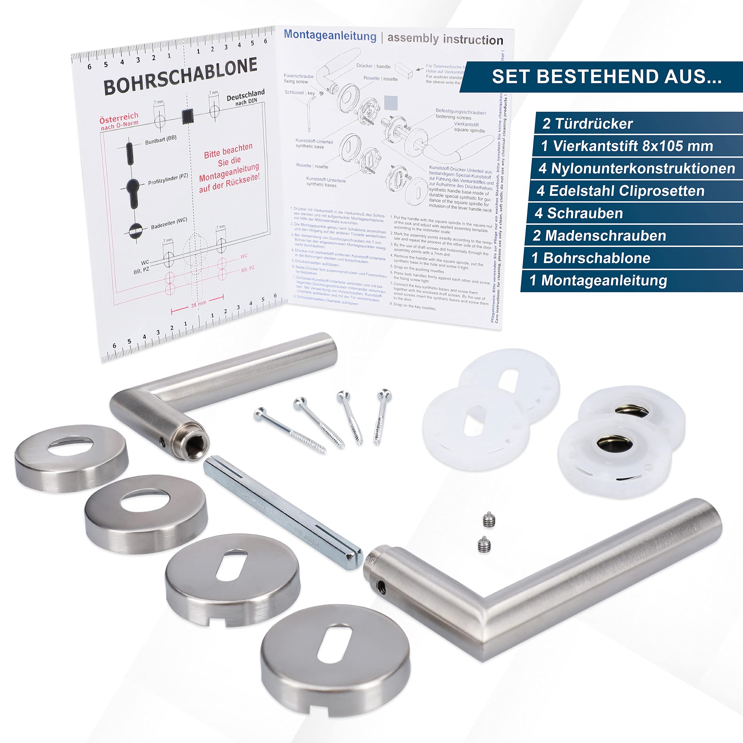 Rosettengarnitur I Türbeschlag im 4er Set, Edelstahl satiniert für 3 Zimmertüren mit Buntbartlochung und 1 Bad-WC-Tür, Cliprosette Ø52mm, Türklinke, Türgriff