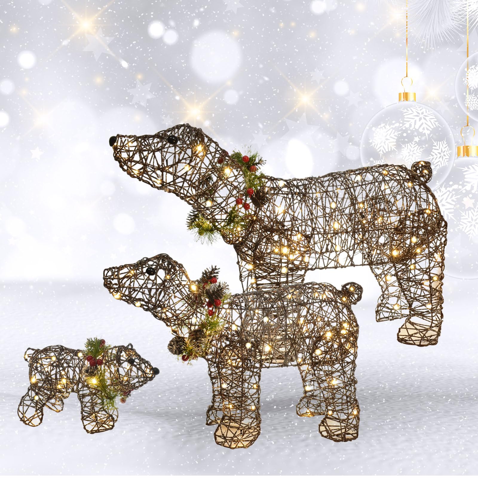 Lighted Rattan Polar Bear Family Outdoor Decor – 3-Piece Set With 140 LEDs, Stakes, Zip Ties For Christmas Yard - View #3
