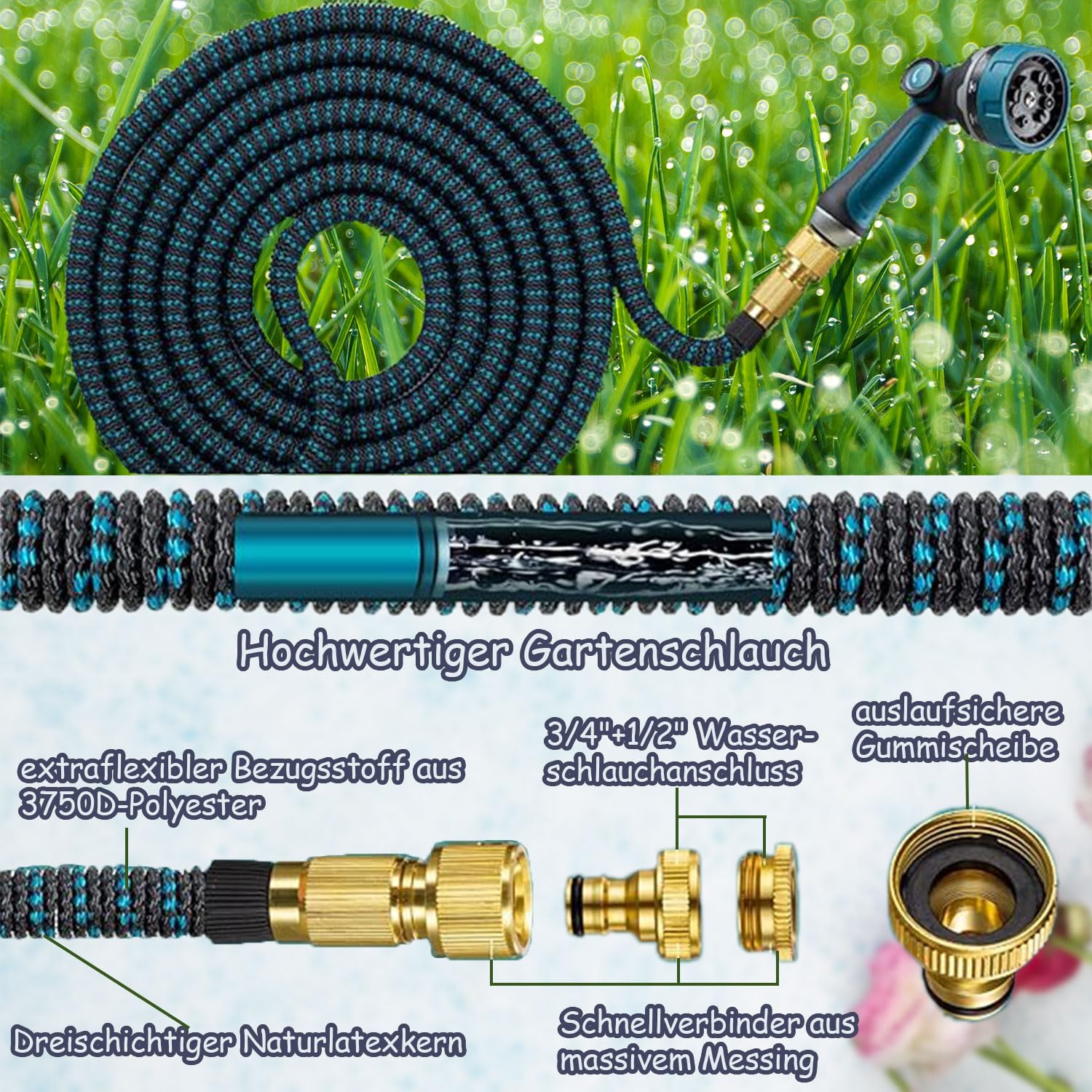 Tuyau Arrosage Extensible, Tuyau d'Arrosage Extensible avec 1/2" et 3/4" Adaptateurs, 10 Modes d'Arrosage, Latex Triple Épaisseur Durable avec Raccords et Sac (50FT)