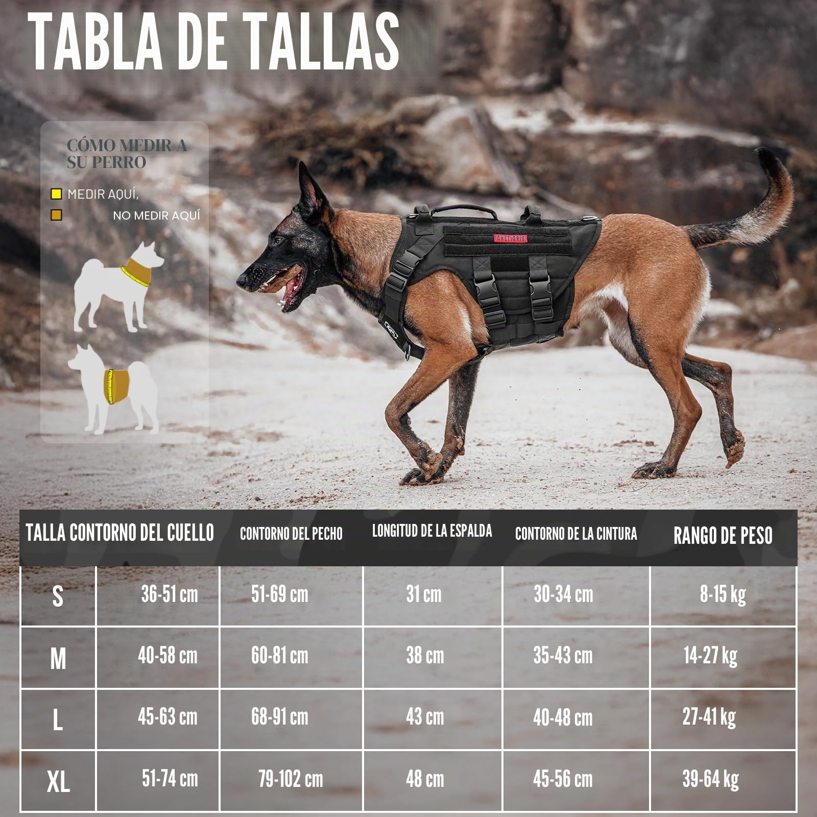 OneTigris Arnés Táctico para Perros X Destroyer - Ajustable, Antitracción, con 3 Asas y 2 Hebillas de Metal - Seguridad (Negro L)