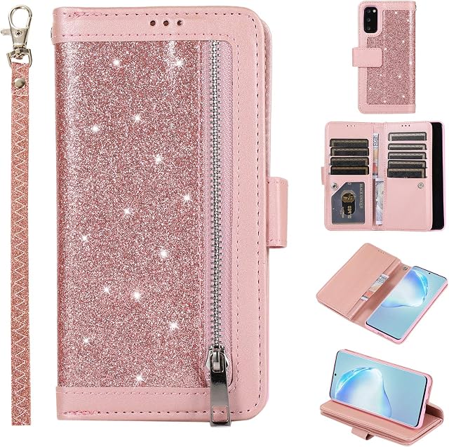 EYZUTAK Wallet Case for Samsung Galaxy S20 Plus,Magnetic Handbag Zipper Pocket PU Leather Flip with 9 Card Slots and Wrist Strap Folio TPU Inner Stand Case for Samsung Galaxy S20 Plus - Rose Gold