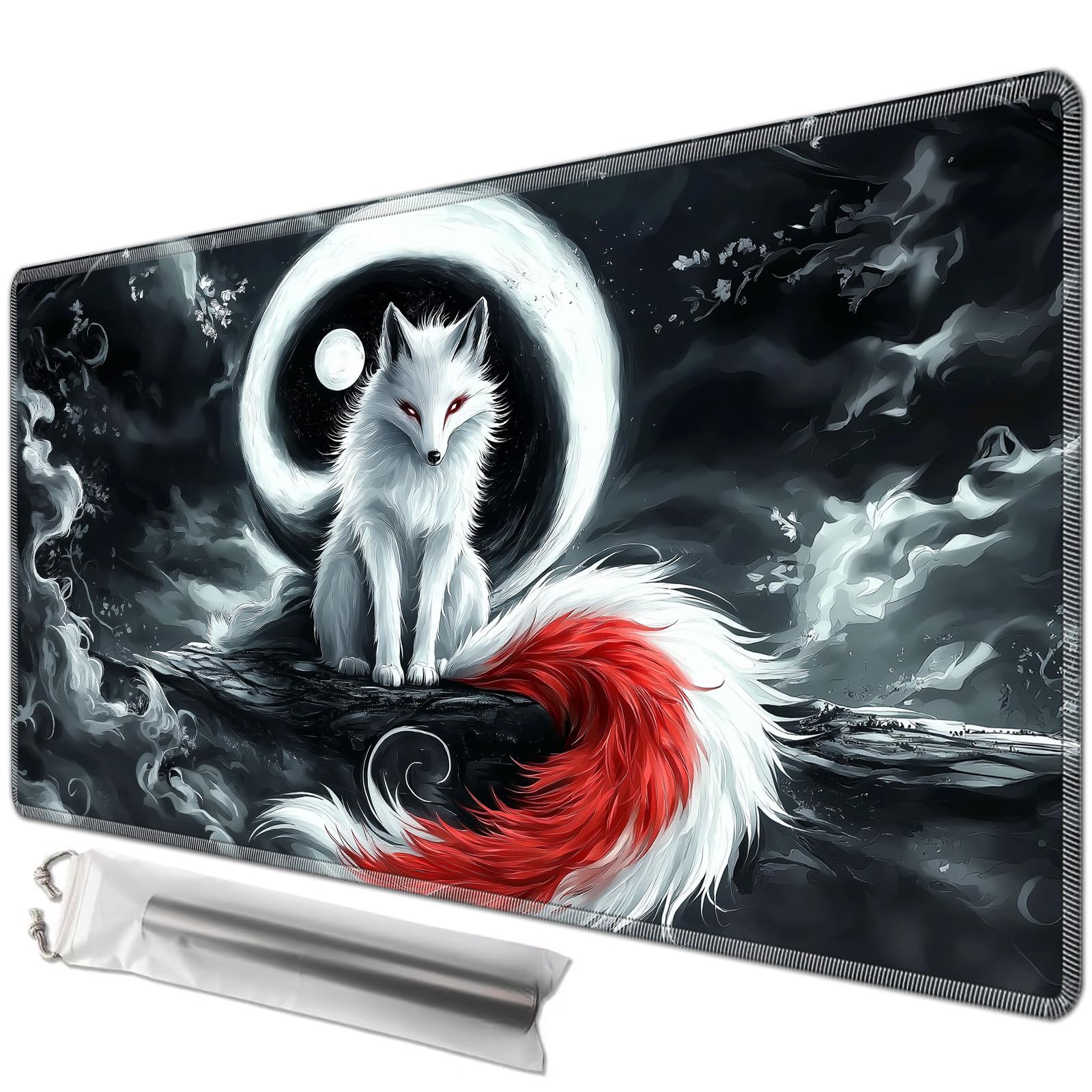 JANENFNA TCG Card Playmat 24" x 14" with Storage Bags for MTG Game Play Mats, Premium Stitched Non-Slip Rubber Tabletop Magic Play Mats Desk Duel Card Breaking Mats, White Fox with Yin-Yang Moon — image 1