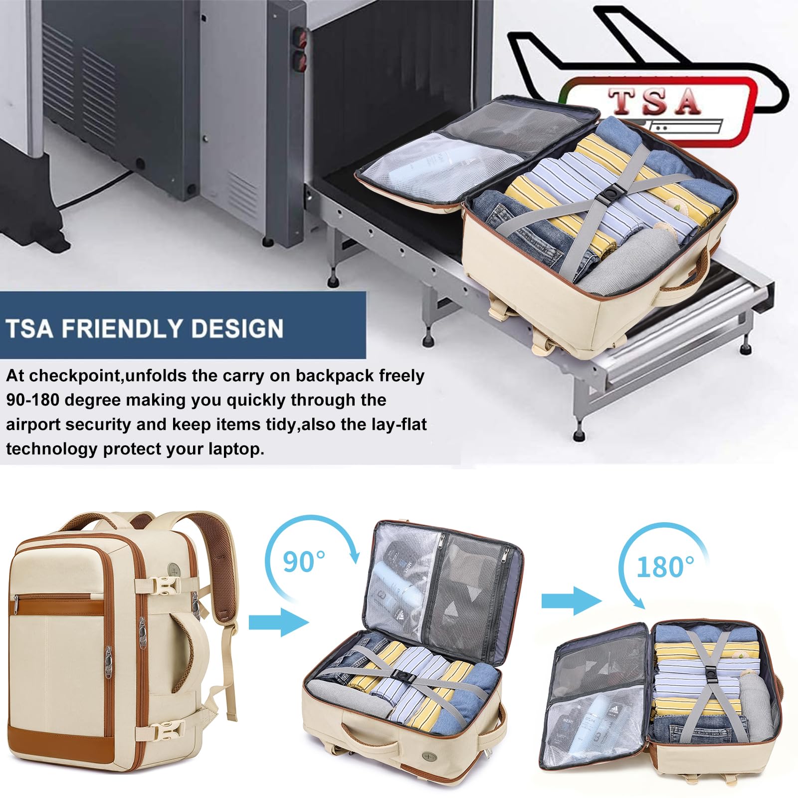 Travel Backpack for Women Airline Approved Carry On Backpack with Shoe Pouch,TSA 15.6inch Laptop Mochila Flight Approved Personal Item Bag for Weekender Overnight Bags Bookbag Travel Essentials,Beige — view 8
