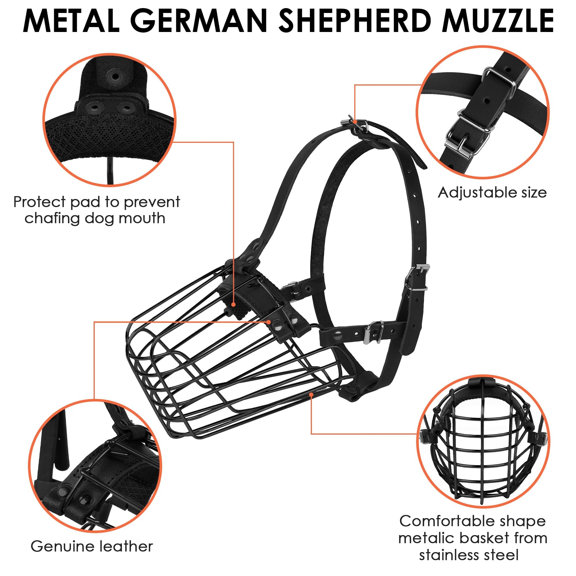 Bozal de metal para perros medianos y grandes, ajustable con correa de piel, bozal de entrenamiento y seguridad