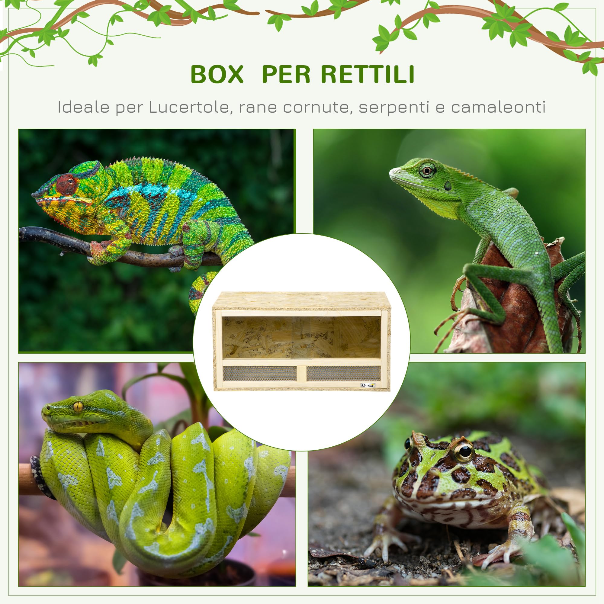 PawHut Terrario per Rettili in Legno, Teca per Rettili con Porte in Vetro Scorrevoli e Pannelli in Rete, Rettilario Multiuso, 60x29.5x29.5 cm, per Lucertole, Camaleonte, Serpente