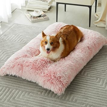BFPETHOME Dog Beds for Large Dogs, Plush Dog Crate Bed Fluffy Cozy Kennel Pad for Sleeping &Ease Anxiety, Washable Pet Mats with Anti-Slip Bottom for Large Medium Dogs, Pet Bed, Pink
