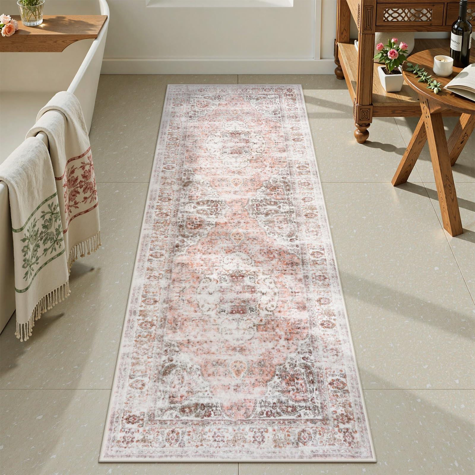 Uphome Bathroom Rugs Runner, Distressed Farmhouse Boho Blush Pink Bath Mat, Non Slip Washable Long Bath Rugs, Vintage Traditonal Soft Velvet Bathroom Runner for Bathtub Sink Shower, 20x60 inch โ image 1