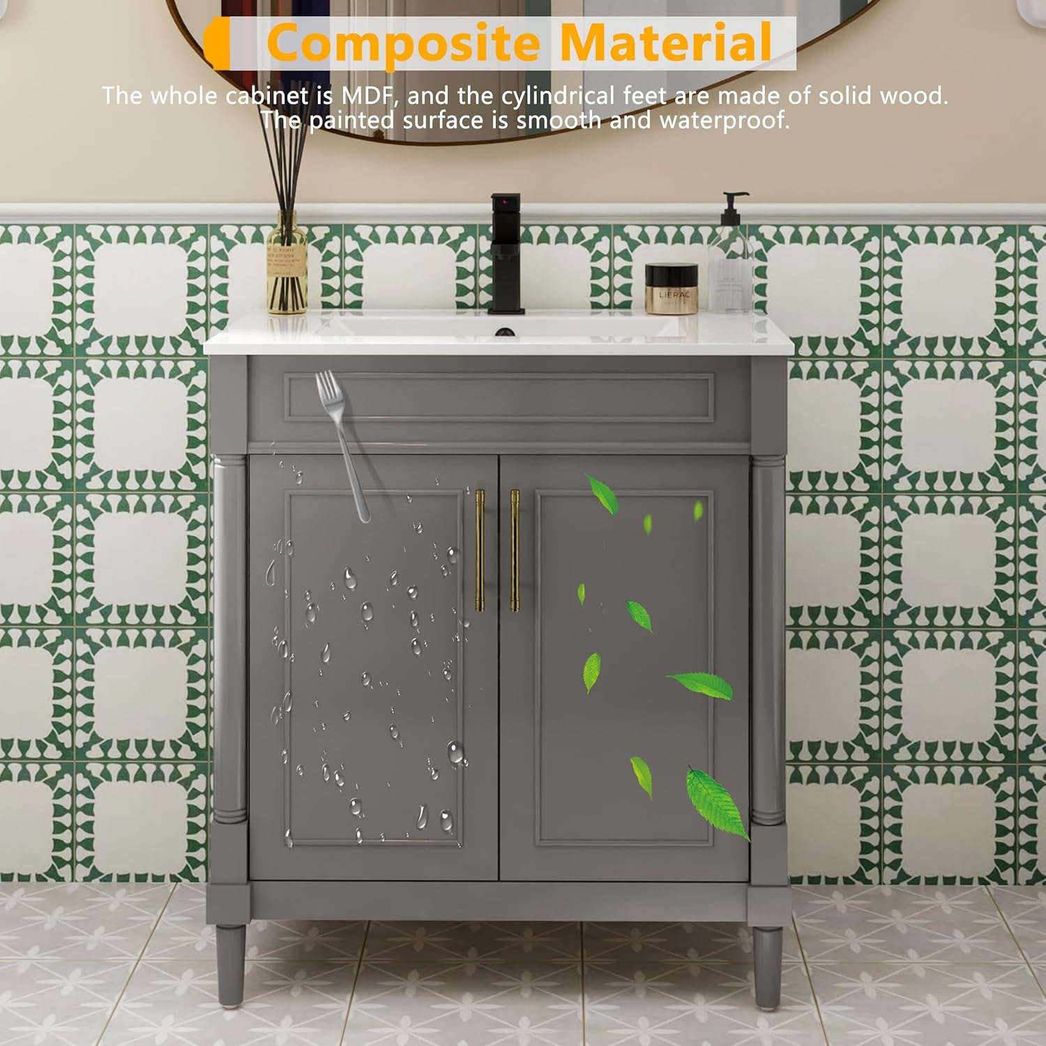 LUCKWIND 30" Bathroom Vanity with Sink Combo, Mid-Century Painted Bathroom Storage Cabinet with Cylindrical Feet, Undermount Sink and Vintage Handles, Mirror is NOT Included, Grey