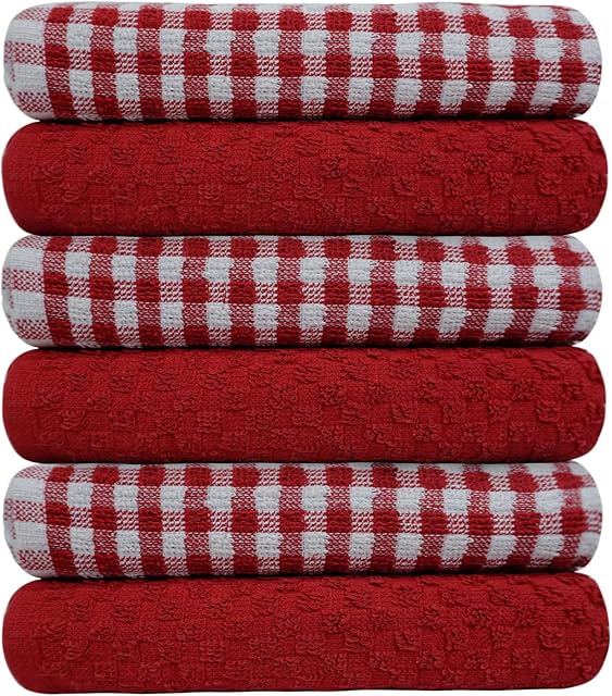 Casabella Pack Of 6 Terry Towelling Cotton Kitchen Tea Towels. Soft Kitchen Tea Towels Set, Highly Absorbent Dish Towels & Bar Towels Unbeatable Price (6 Pieces Set, Red)