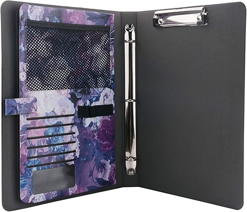 Miniatura 2 de XIAOZHI Cartera profesional, carpeta de piel sintética con pintura floral, organizador de negocios con carpeta de 3 anillas, morado, 9.5 x 9.5 x