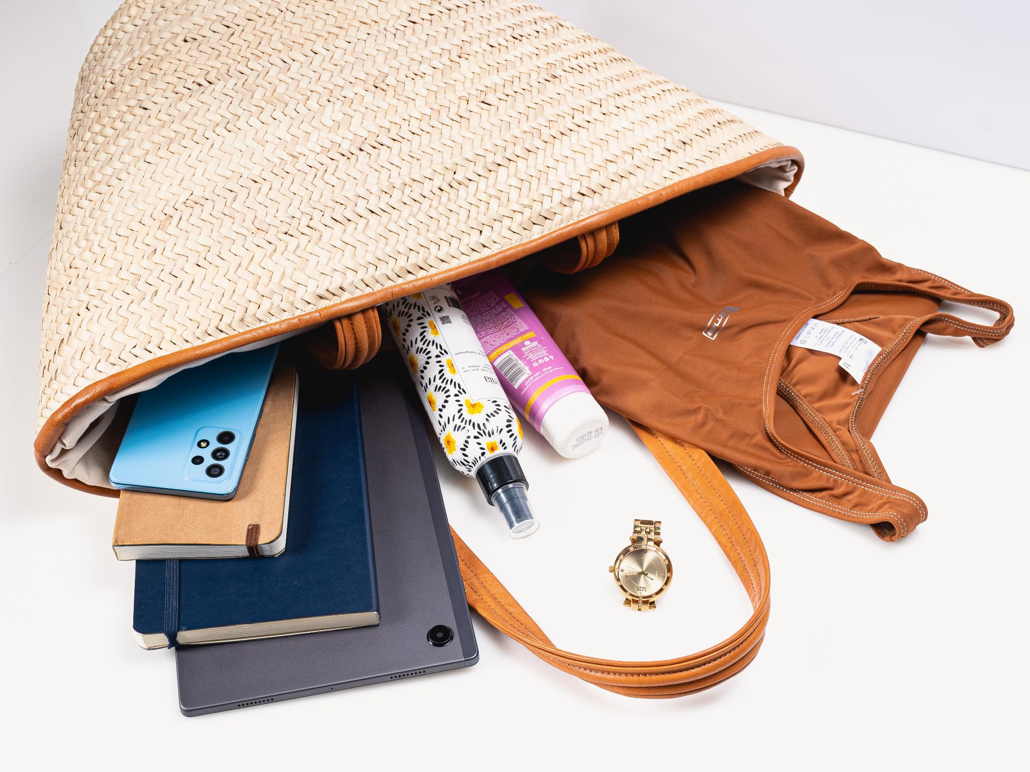Sac de courses - En Osier Naturel - Avec Doublure et Poche - Finitions et Poignée en Cuir - Pratique, grande capacité et Multi-usage