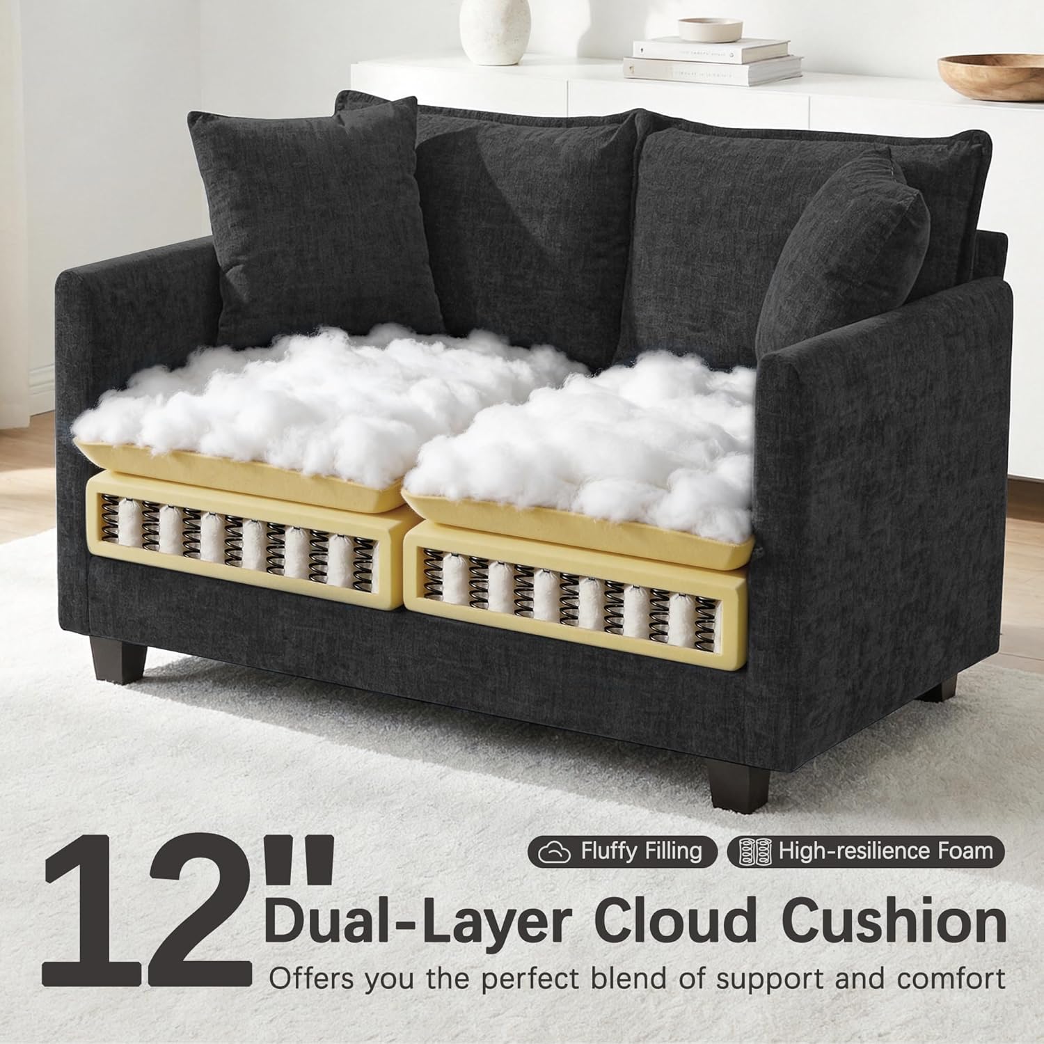 Loveseat Sofa, 52'' Modern Cloud Sofa Couch with 27" Deep Seat & 2 Pillows, Comfy Chenille Small Couch for Small Spaces, Apartment, Studio, Bedroom, Living Room (Black, Loveseat)