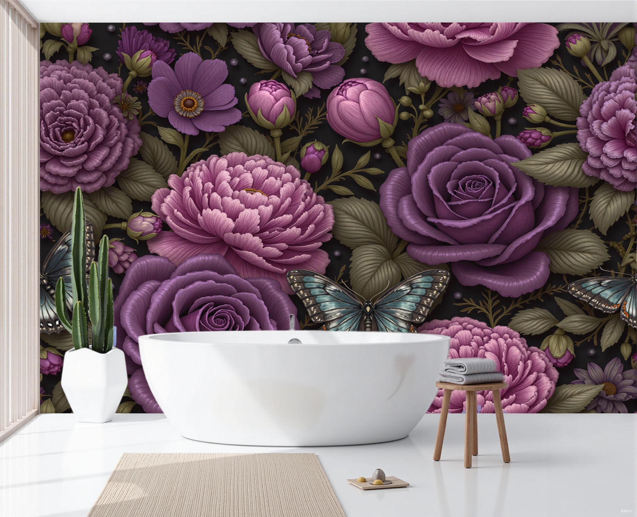 Papier peint rose pivoine et papillon pour salon et chambre enfant