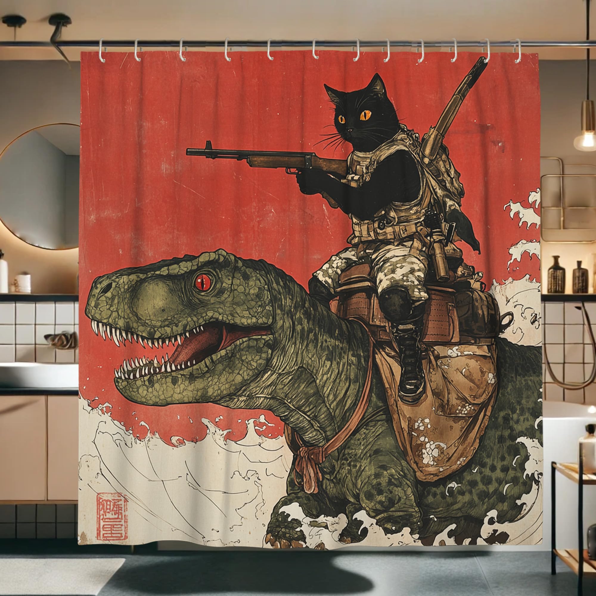 Cat Riding Dinosaur Shower Curtain, Retro Cat Bathroom Decor, Summer Fun Vintage Art Waterproof Fabric Shower Curtain Set with Hooks 72x78 Inch