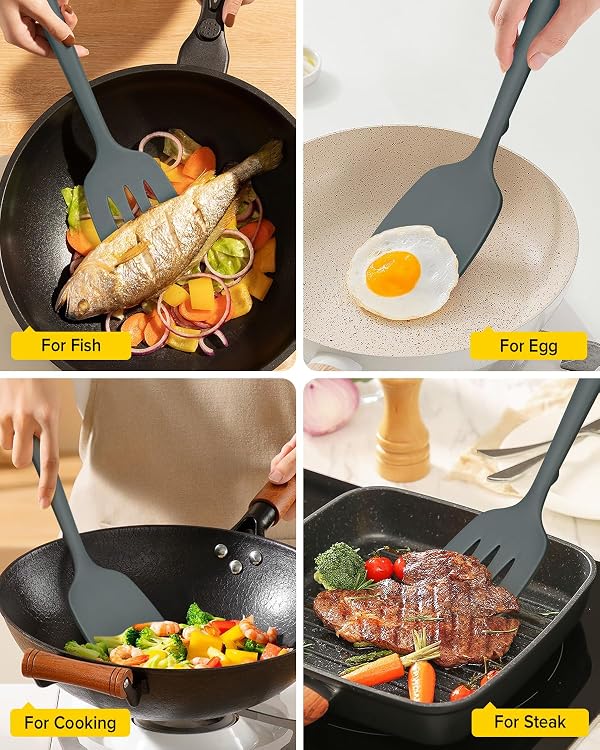Pack of 2 Silicone Spatula Turners, Non Stick Slotted Kitchen Spatula Set, Heat Resistant BPA Free Kitchen Utensils, One-Piece Design, Suitable for Flipping Fish, Eggs, Steak, Pancakes(GRAY) by BUNDLEPRO - Image 5