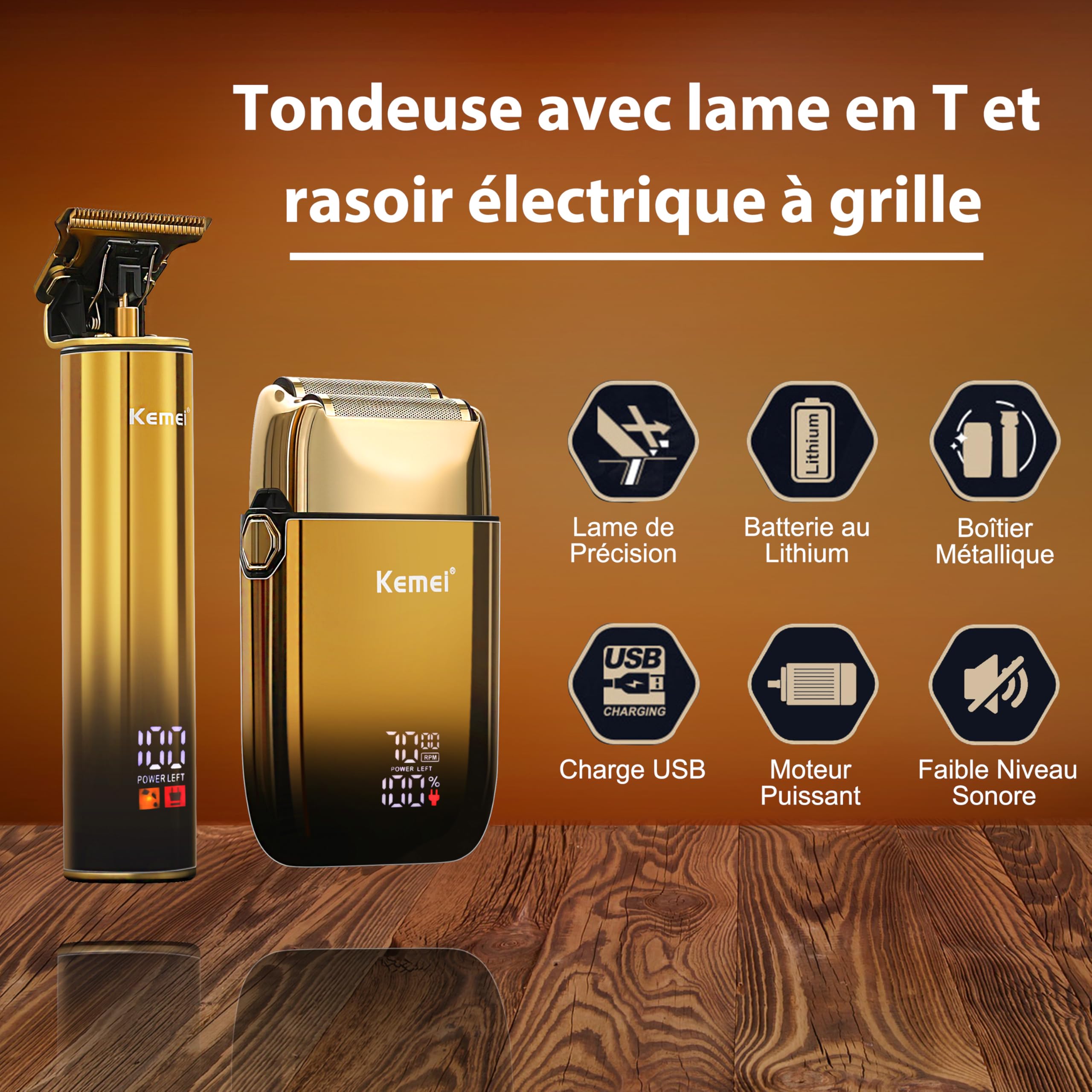 KEMEI T-Blade Tondeuse à Barbe pour Hommes et Rasoir Électrique à Foil, avec Écran LED, Kit de Coiffure Imperméable pour Barbiers/Usage Domestique, Cadeau pour Hommes