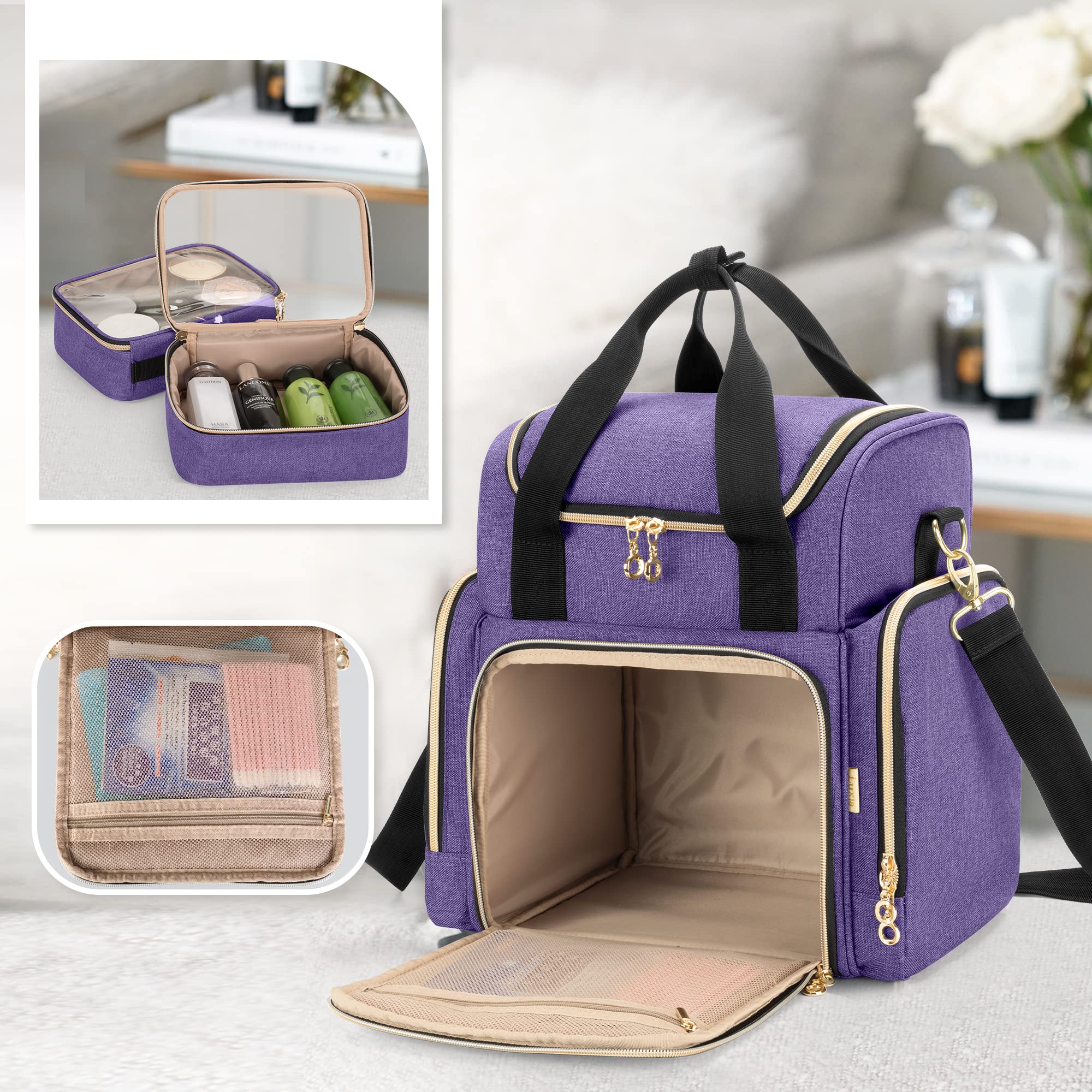 Luxja Bolsa de Maquillaje de Viaje con 2 Estuches Extraíbles, Bolsa de Cosméticos con Varias Secciones de Almacenamiento, Estuche de Maquillaje (Solo Bolsa), Púrpura