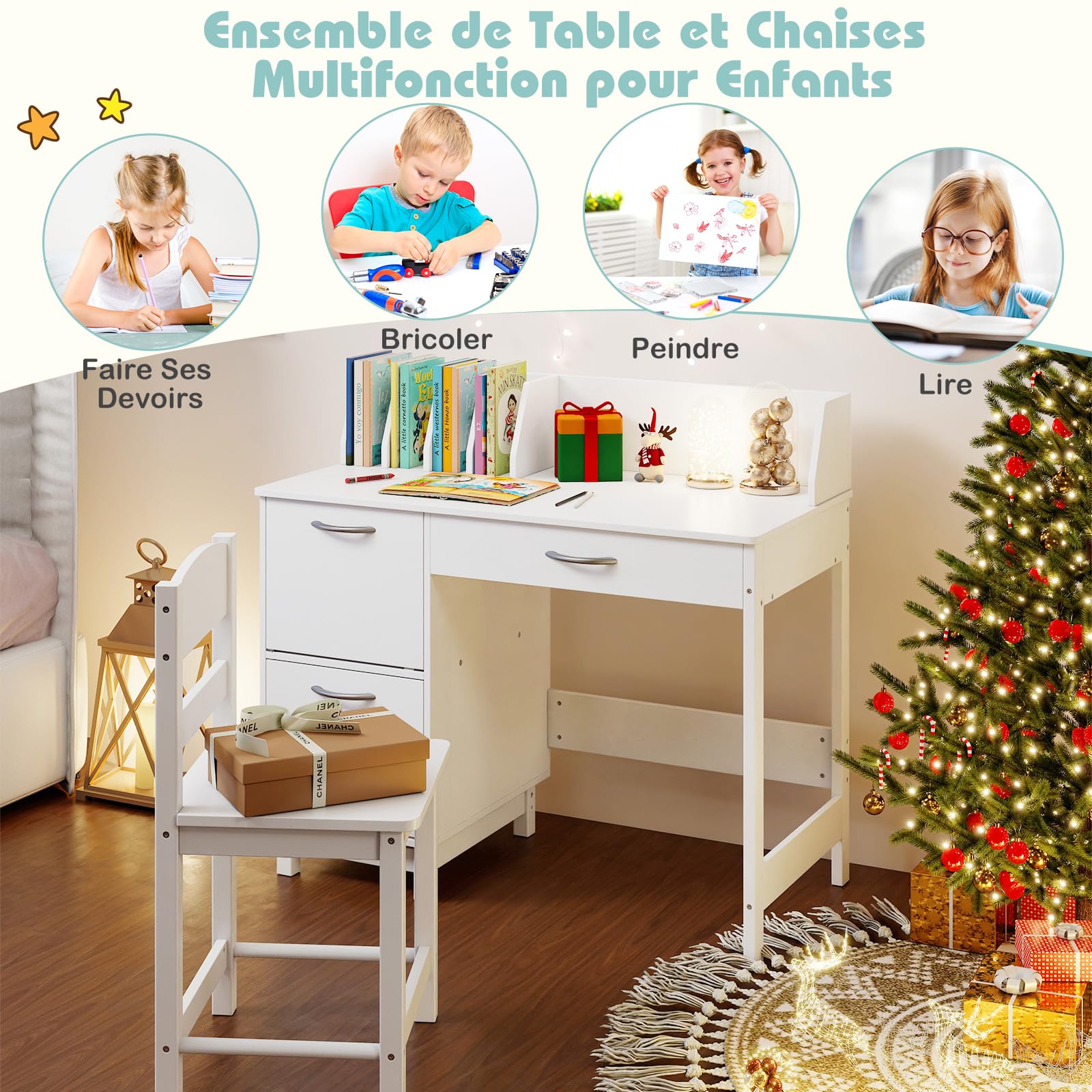 GOPLUS Bureau Enfant Fille Garçon, Table Enfant avec Chaise pour Dessiner, Lire, Bureau avec Rangement 1 Tiroir 2 Armoires, Table d'Étude en Bois pour Chambre, Maternelle (Blanc)