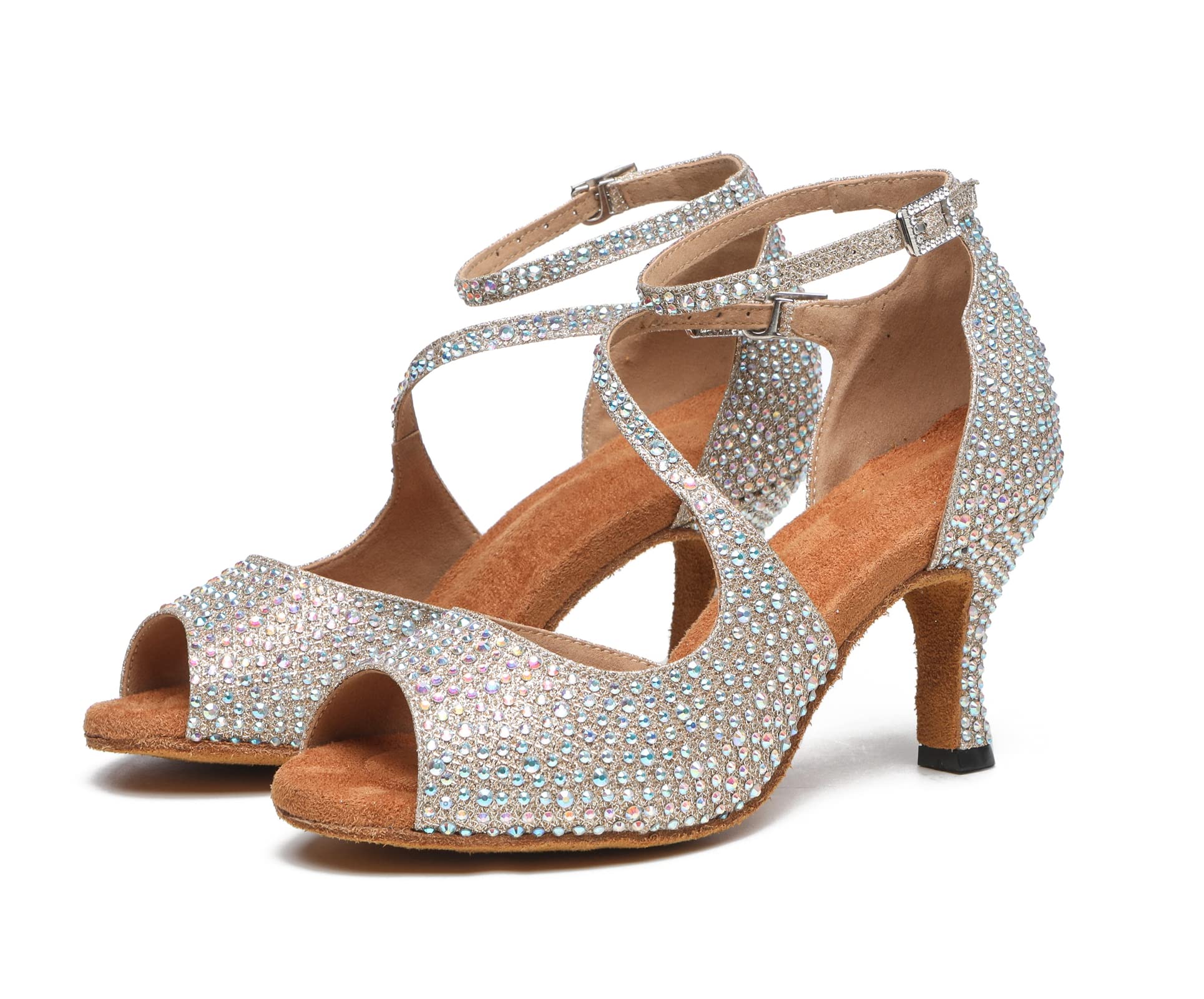 Minishion Ankle Strap Dance Shoes Sparkle Wedding Party Heels with Crystals L522 Gold US 8.5