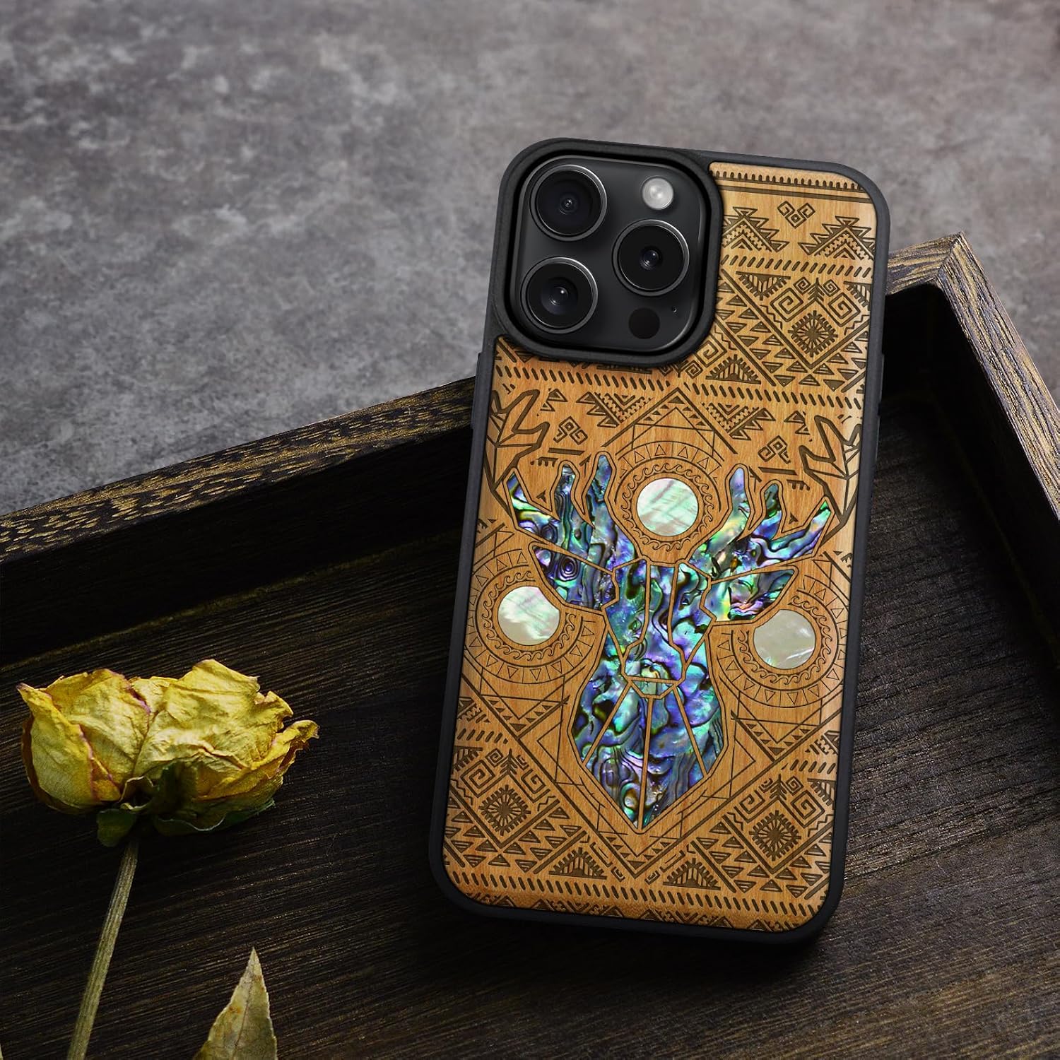 Carveit Magnetic Case for iPhone 16 Pro Max Case, Wood Artisan Engraved & Handmade Shell Inlaid, TPU Shockproof Cover, Compatible with MagSafe Wireless Chargers (Aztec Geometric Deer) Cherry