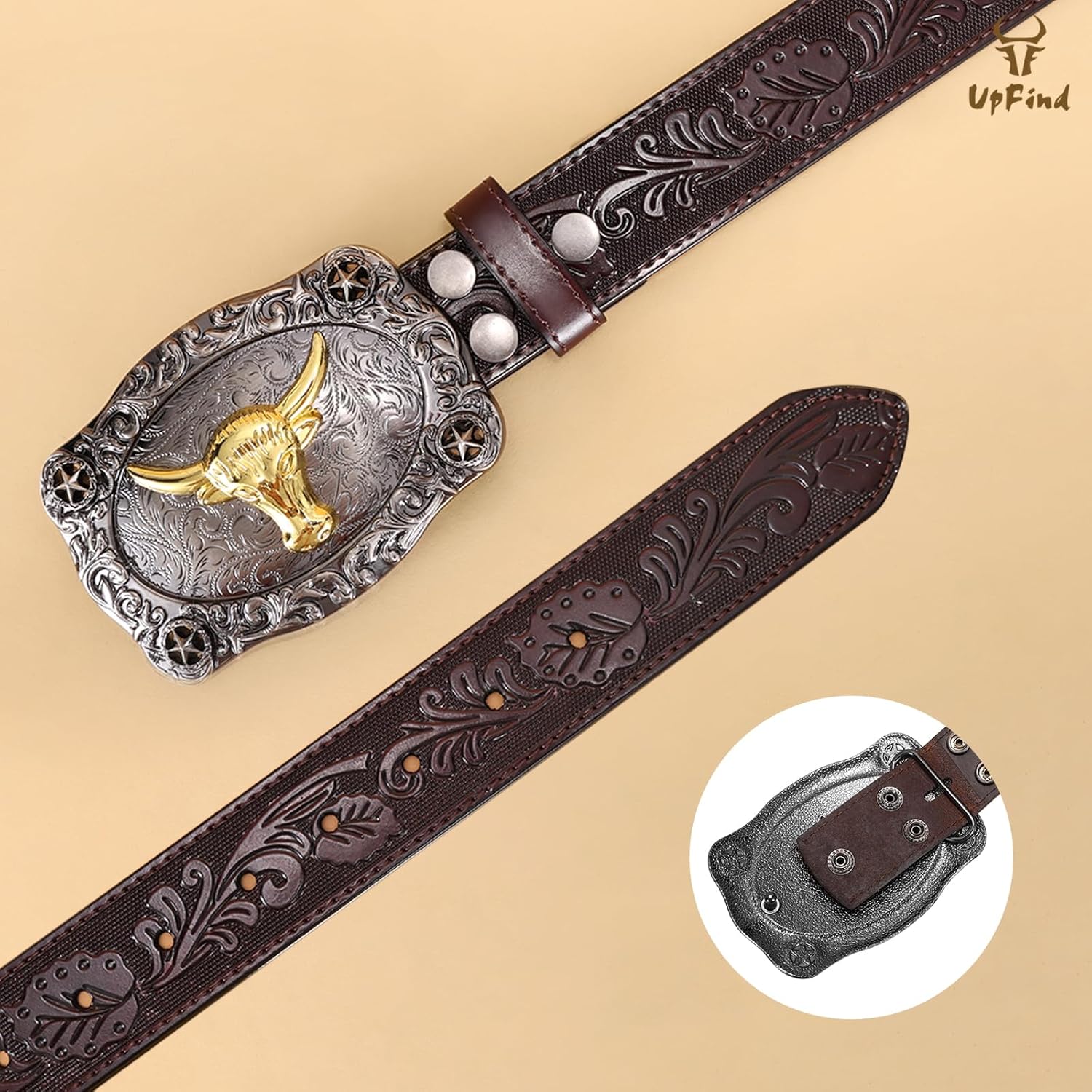 Women Men Western Belts Engraved Leather Cowgirl Cowboy Belt with Silver Longhorn Bull Buckle for Jeans Dresses - Image 3