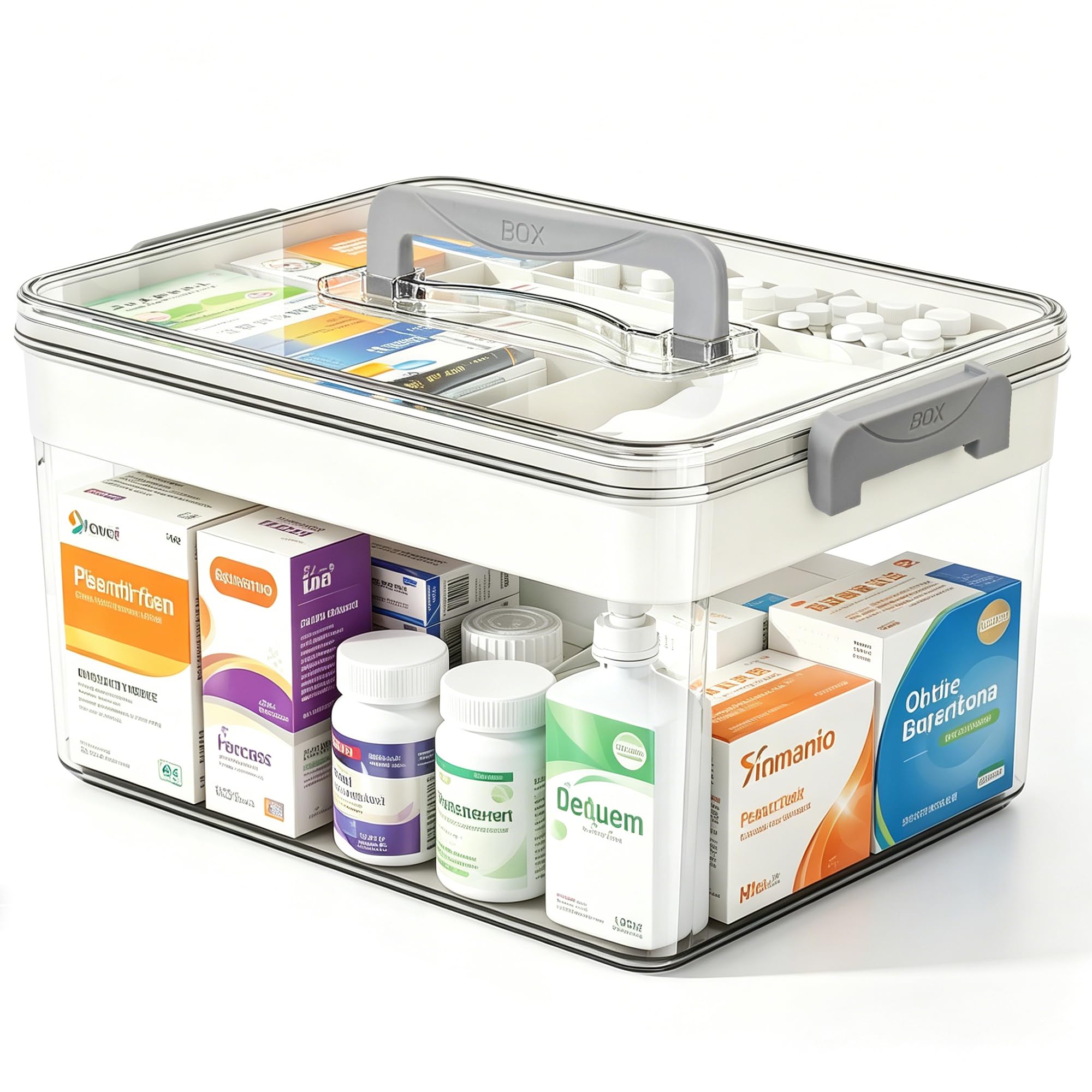 LYLIDIA Medikamentenbox Leer Medikamenten Aufbewahrung Box, 2 Ebenen groß Medizinbox, Hausapotheke Arzneimittel Medicine Organizer Box Medikamentenkoffer für Haushalt & Reisen 28 * 18 * 15 cm