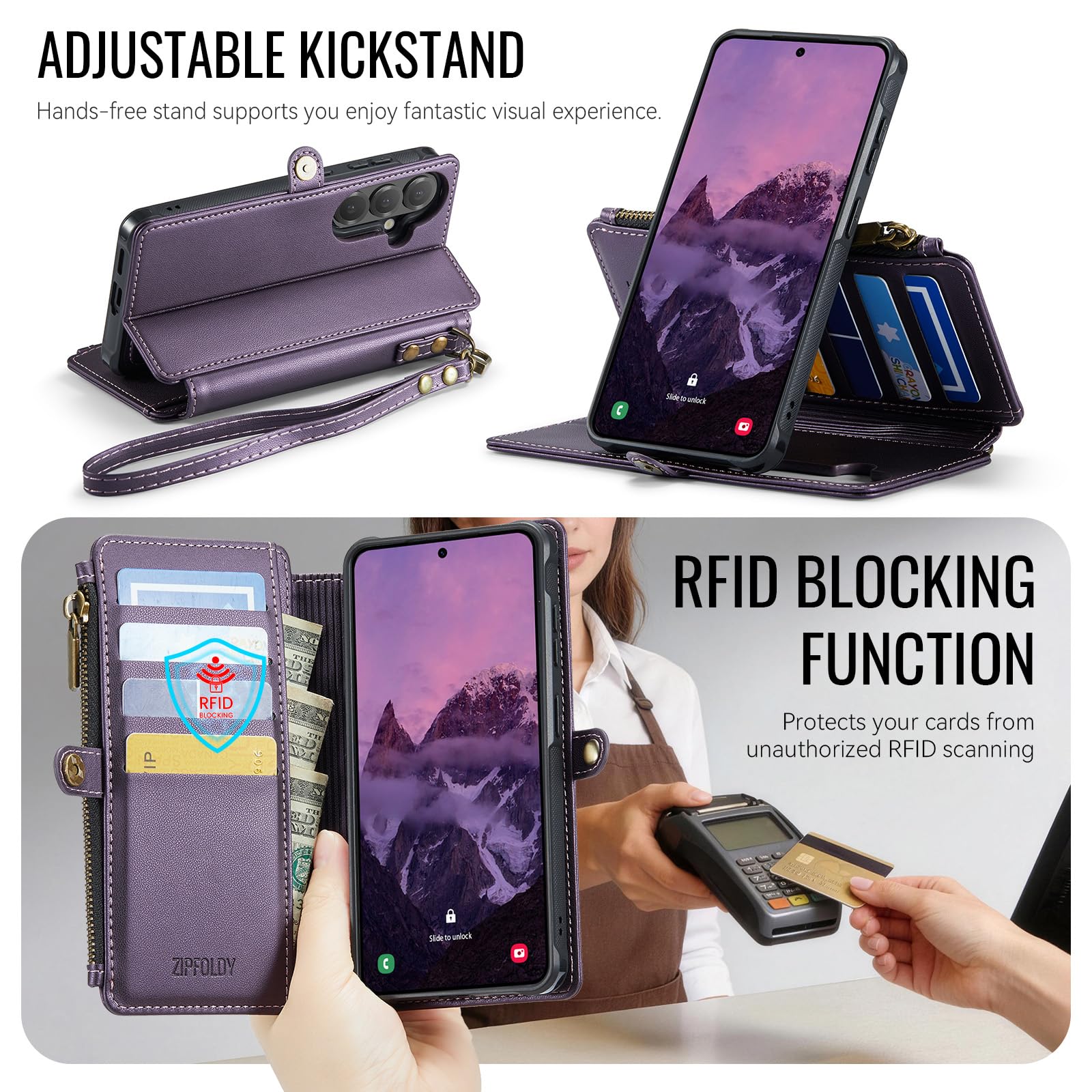 per Galaxy S24 - Custodia a portafoglio magnetica staccabile | Staccato per Magsafe, porta carte di credito con blocco RFID, borsa con cerniera, cinturino da polso, per donne e uomini