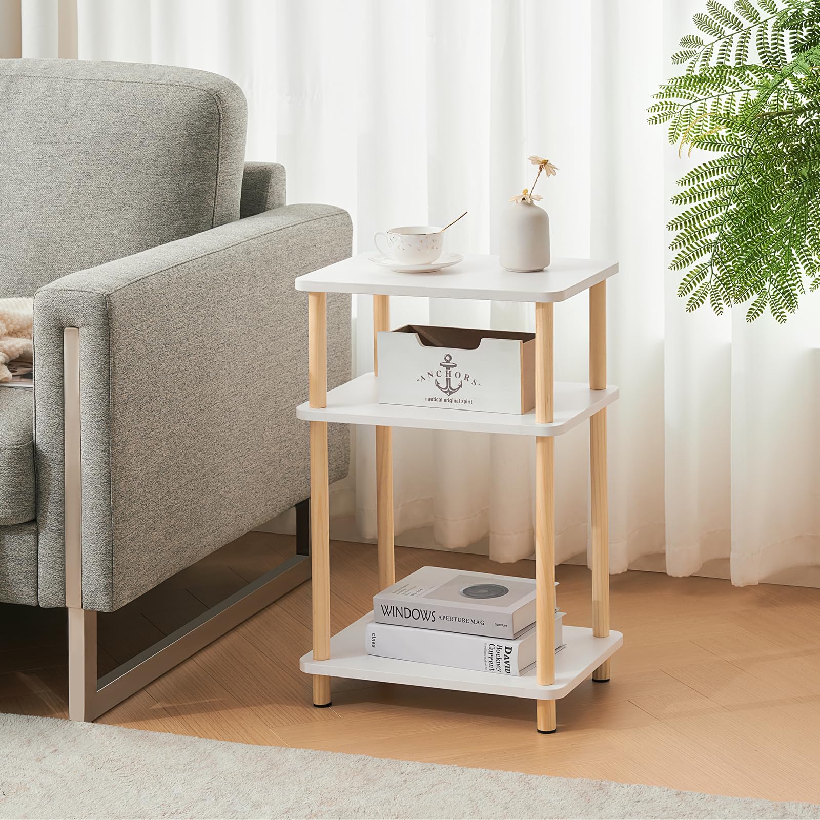 Apicizon 3 Tier End Table, Boho Side Table with Storage Shelf, Nightstand Bedside Table for Small Spaces, Bedroom, Living Room, Entryway, Farmhouse, Easy Assembly, White+Natural