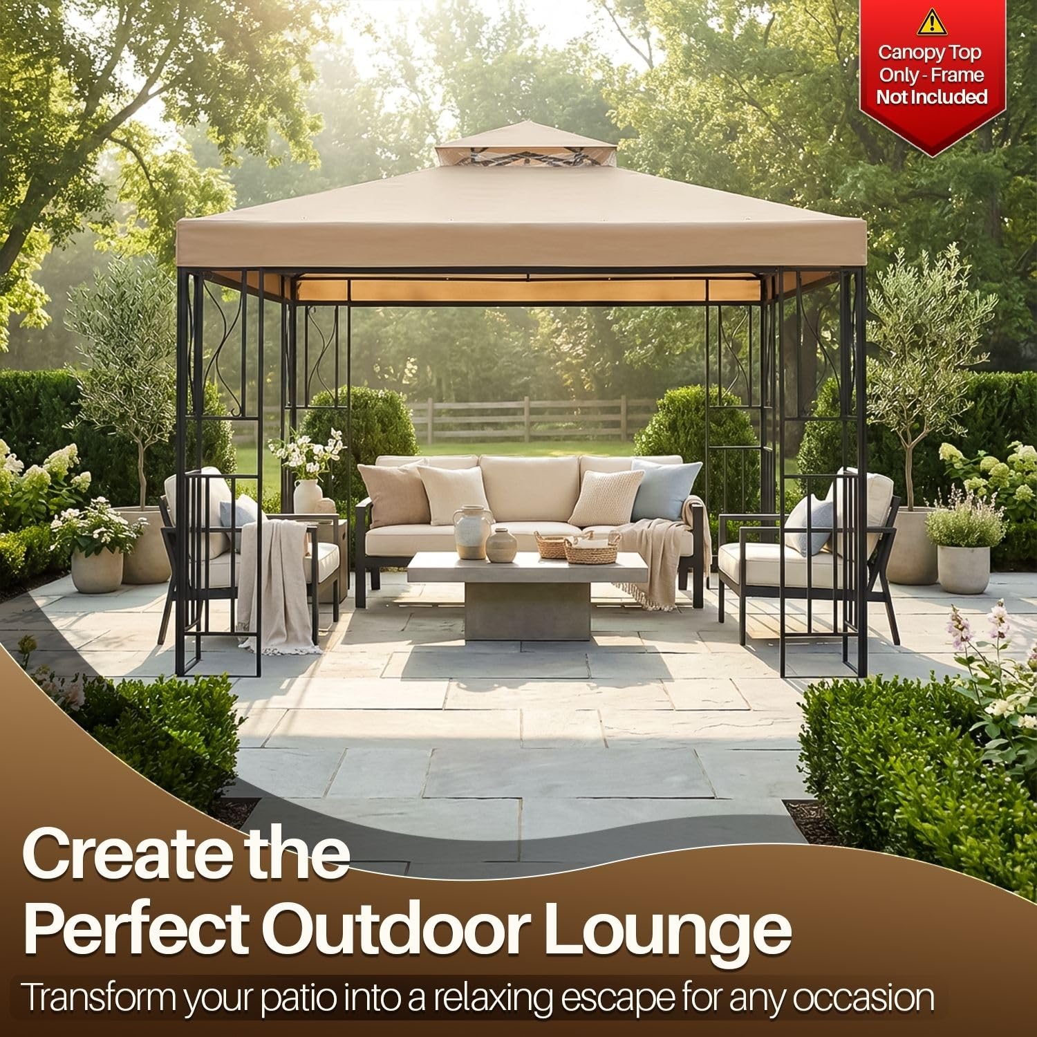 Flexzion Copertura di ricambio impermeabile per gazebo, 12 x 12 (3,6 m x 3,6 m), copertura per gazebo da esterno, doppio strato UV30, per tettoie, giardino, patio, tenda da cortile (beige)