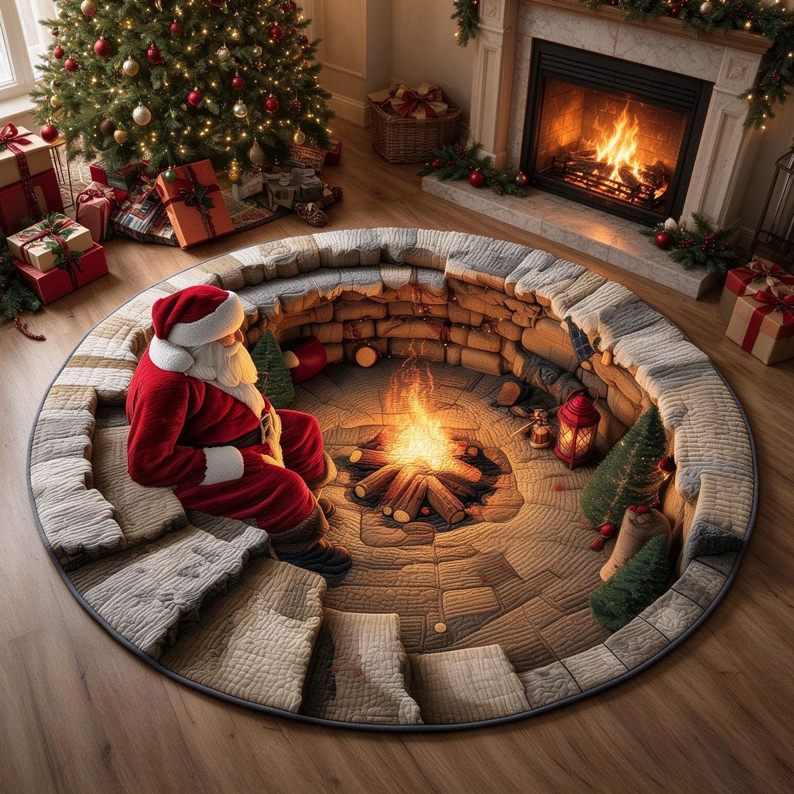 Tapis de sol rond 3D festif de Noël, motif Père Noël et feu de camp,120cm