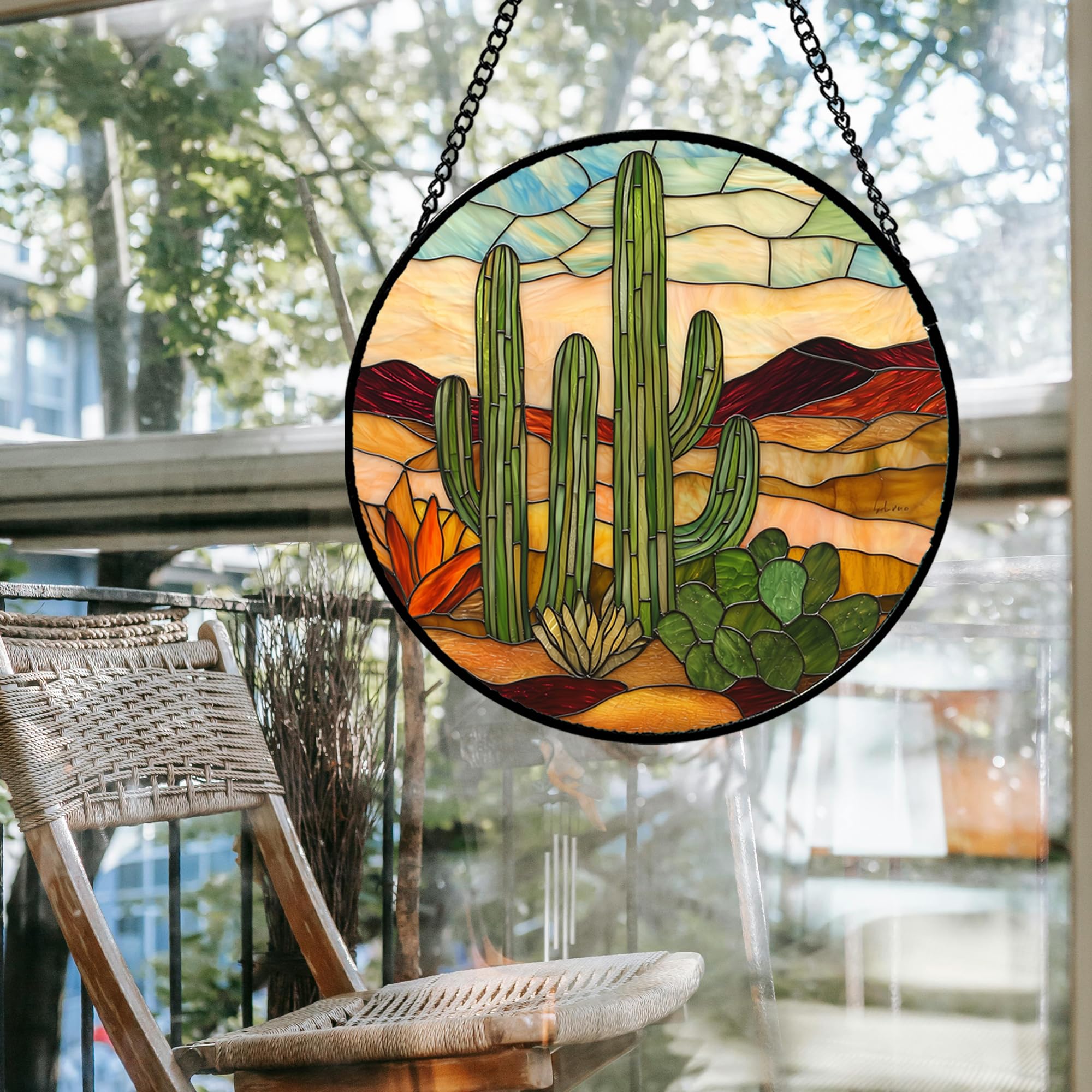 Stained Glass Window Hanging, Green Cactus Sun Catcher for Door Terrace Garden Home Decor, Abstract Desert Landscape Suncatcher Birthday Gifts for Lovers Women Men Dad Mom Nana 6.3