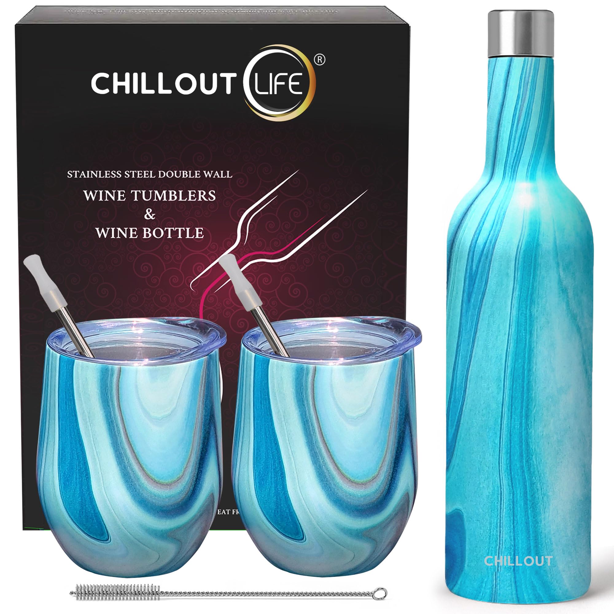 CHILLOUT LIFE 12 oz Stainless Steel Wine Tumblers 2 Pack & 1 Insulated Wine Bottle - Double Wall Vacuum Insulated Wine Glasses Cups with Lids and