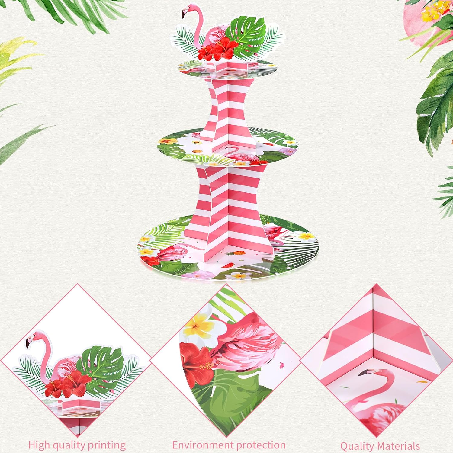 Nuenen 3 Tier Flamingo Cupcake Stand Hawaiian Theme Cupcake Holder Luau Aloha Cake Holder Decorations Tropical Flower Cup Cake Dessert for Summer Pool Beach Birthday Party Supplies image 3