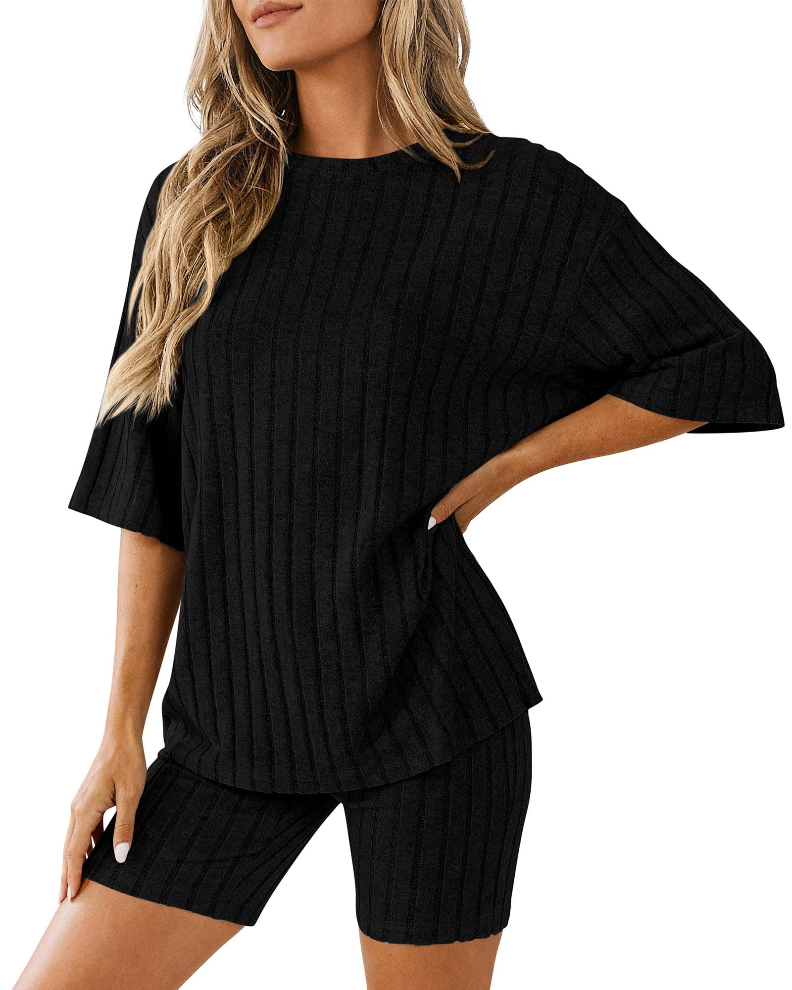 KIRUNDO Lounge Sets For Women 2 Piece Ribbed Knit Shorts Set Casual Short Sleeve Tops Biker Shorts Vacation Cruise Outfits