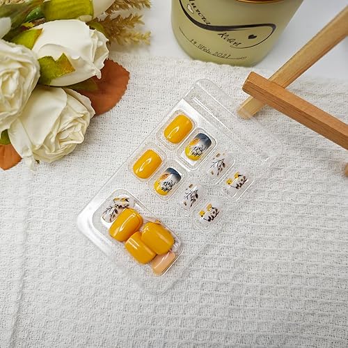 Miniatura 4 de Uñas postizas a presión de otoño uñas postizas amarillas con acabado acrílico brillante, reutilizables, diseño cuadrado corto, 24 piezas