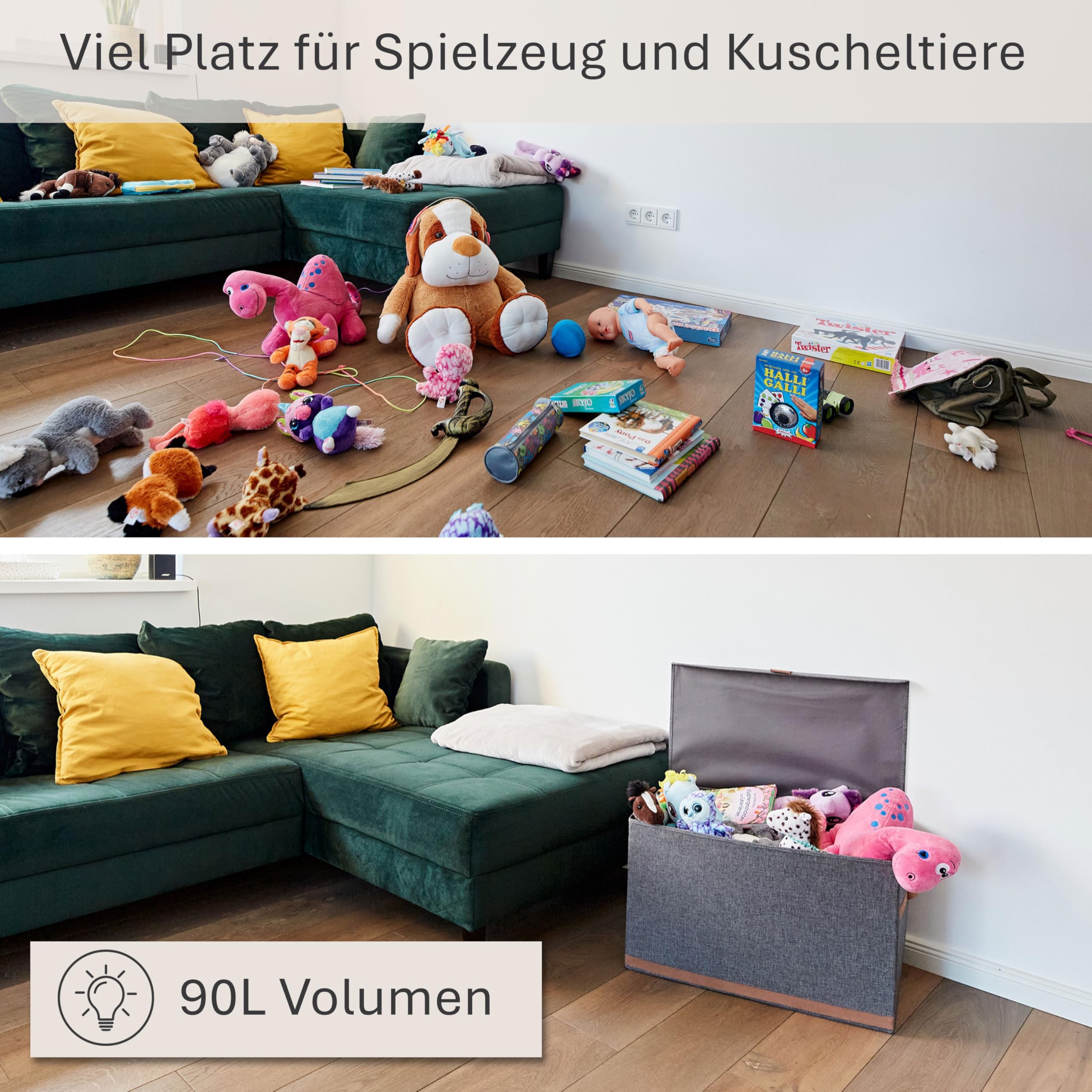 LOVE IT STORE IT Premium Aufbewahrungsbox mit Deckel Groß, Grau | Aufbewahrungstruhe für Wohnzimmer aus Leinen, Verstärkt mit Holz, Extra Stabil, 62x37,5x39 cm
