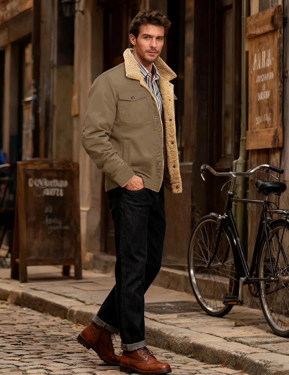 KEFITEVD Men's Winter Fleece Jacket Sherpa Lined Cargo Jackets Casual Trucker Coat Work Winter Thick Warm Coat - Image 3