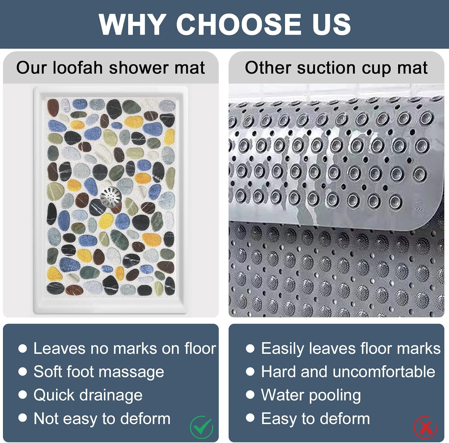 Shower Mat Non Slip, 36" x 24" Large Shower Mats for Inside Shower with Drain Hole in Middle, Soft PVC Loofah Shower Floor Mat, Anti Slip Shower Stall Mat, Quick Drying