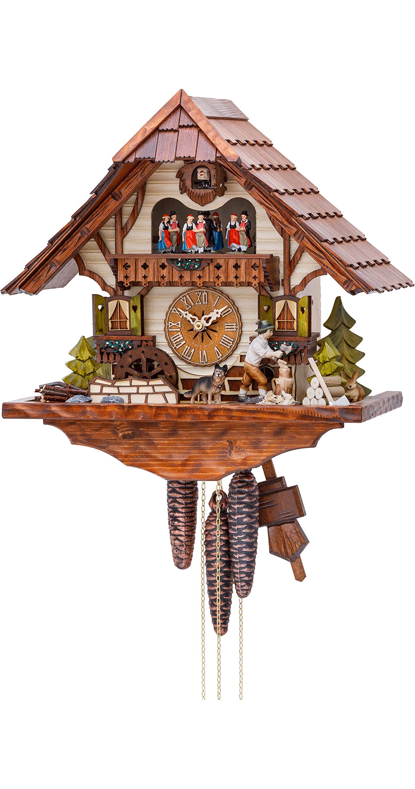 Cuckoo Clock Black Forest house with moving wood chopper and mill wheel