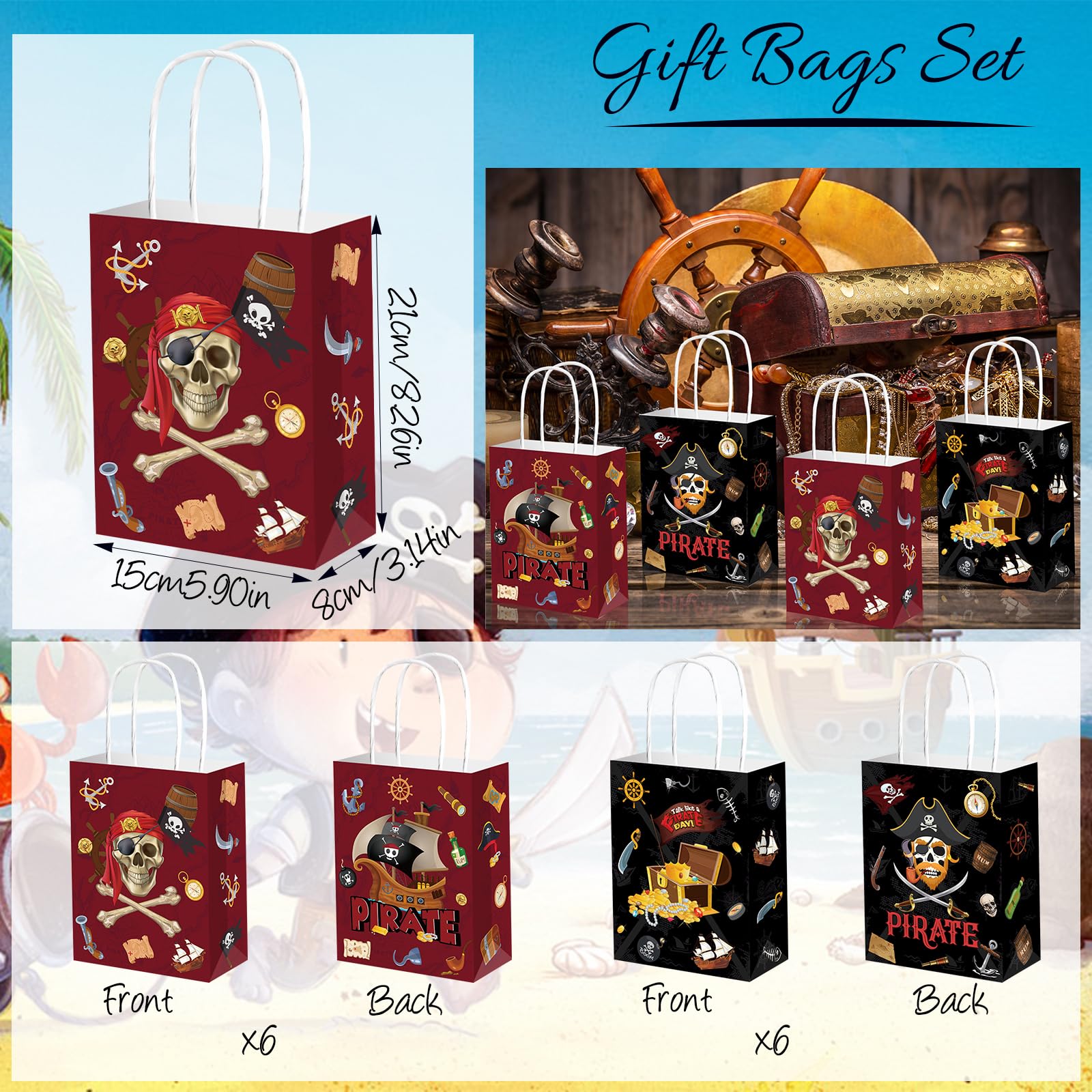 PQKL Party: Set di regalini pirata per compleanno bambini, festa dei pirati, sacchetti regalo, taccuino baffi, bracciale a scatto, adesivo per la nascita dei bambini