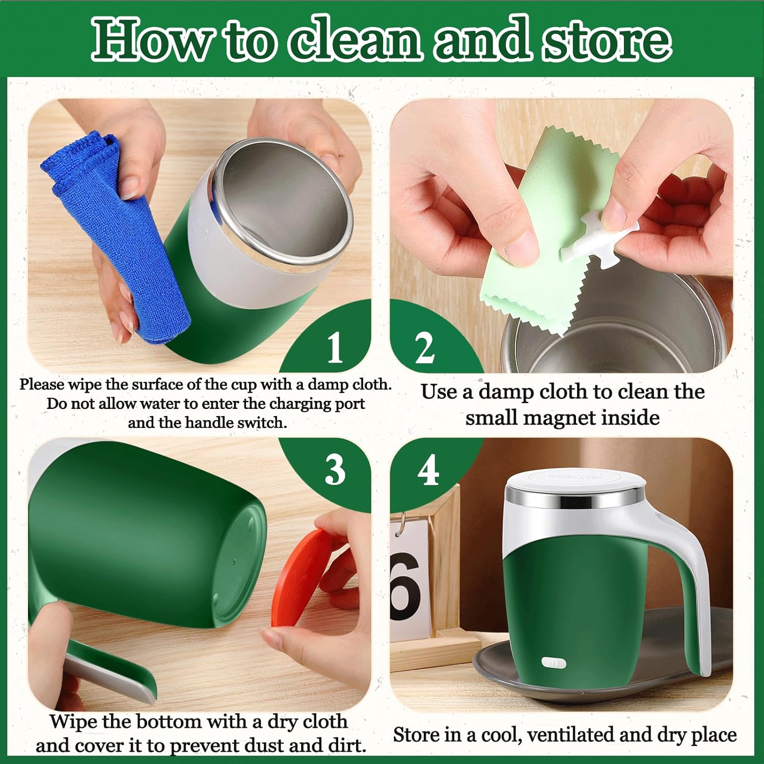 Patelai 2 Pcs Self Stirring Coffee Mug Bulk, Rechargeable Self Stirring Mug 13.5oz Automatic Travel Mixing Cup for Employee Birthday Christmas Gift (Green Series) - Image 3