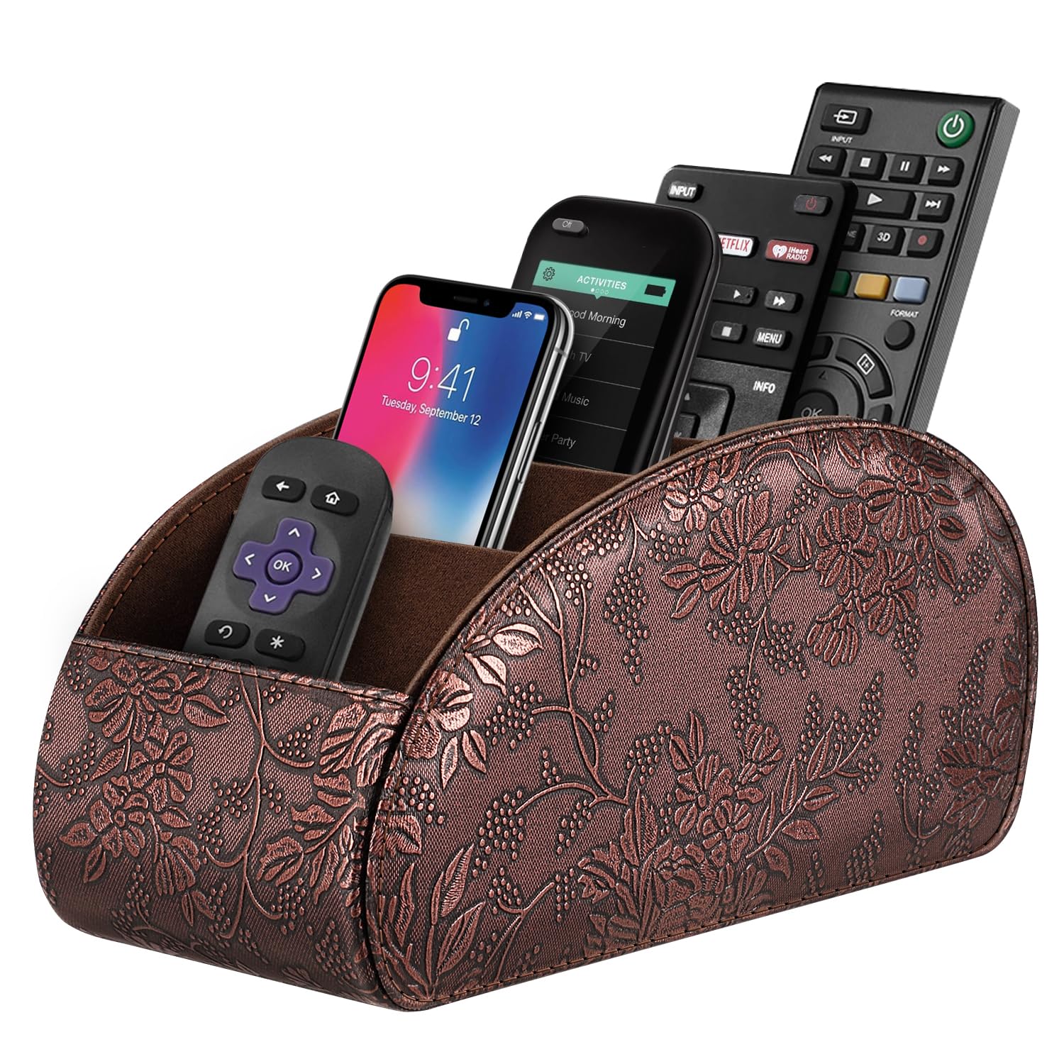 SITHON Remote Control Holder with 5 Compartments [Upgrade Version] | PU Leather Remote Caddy Desktop Organizer Store TV, DVD, Blu-Ray, Media Player, Smart Phones, Heater Controllers, Antique
