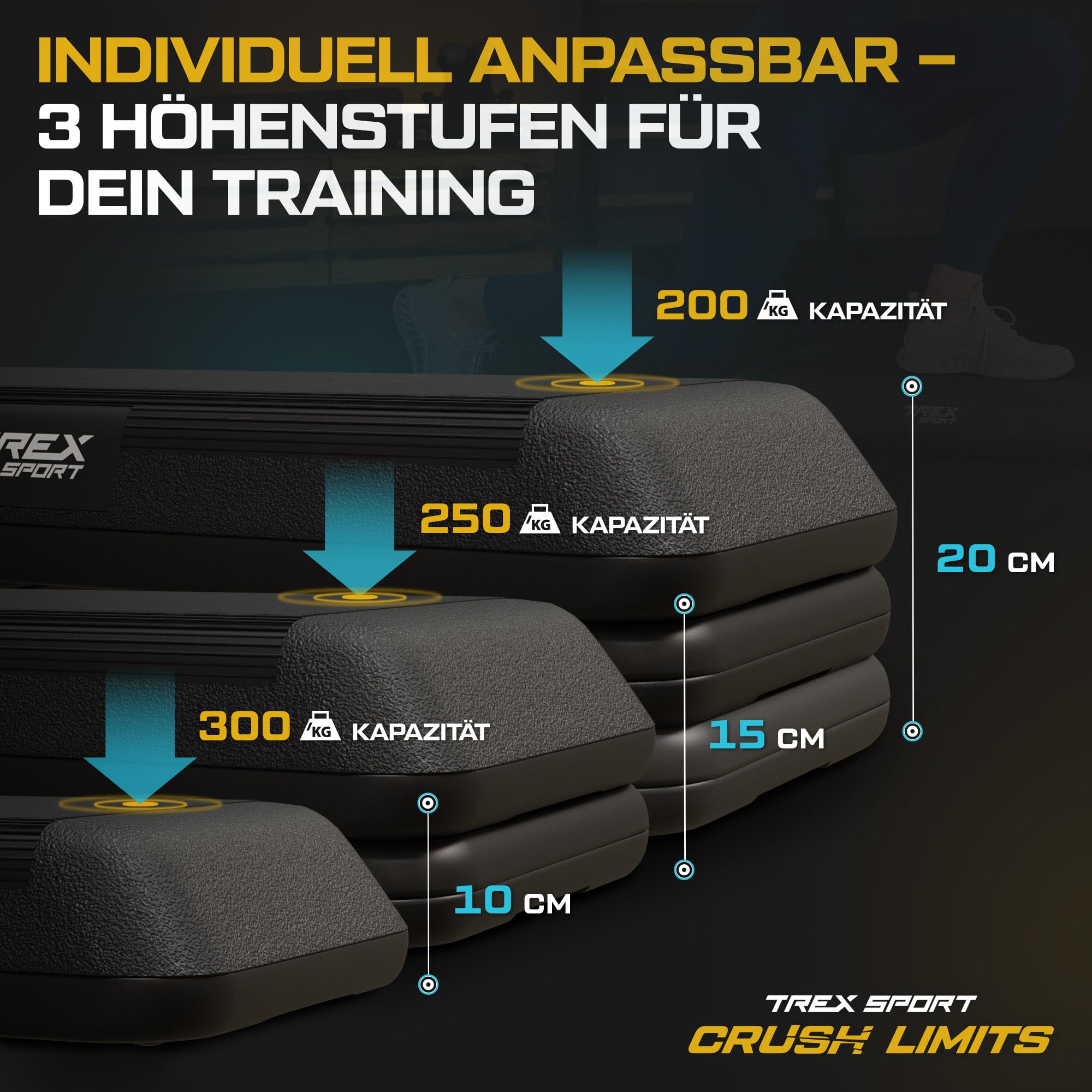 TREX SPORT Steppbrett höhenverstellbar TX-038PAS | Fitenss Stepper 3 Stufen, rutschfest, Steppboard für zuhause 71×35×10/15/20 cm, bis 300 kg belastbar