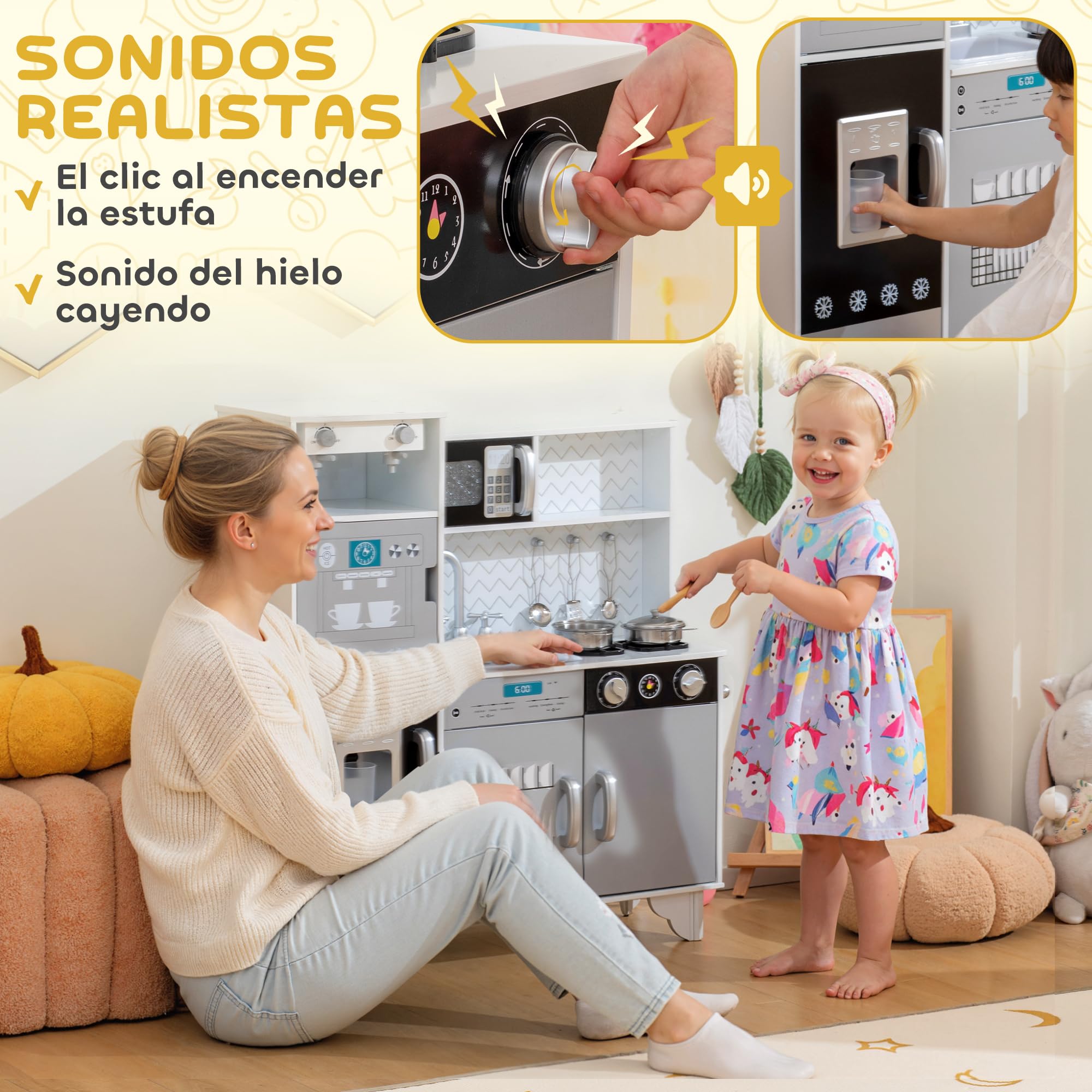 AIYAPLAY Cocina de Juguete de Madera con Sonido 79,5x24x83,8 cm Blanco | Cocinita Infantil, Accesorios de Acero Inoxidable, Microondas, Máquina de Hielo, Cafetera, Lavavajillas